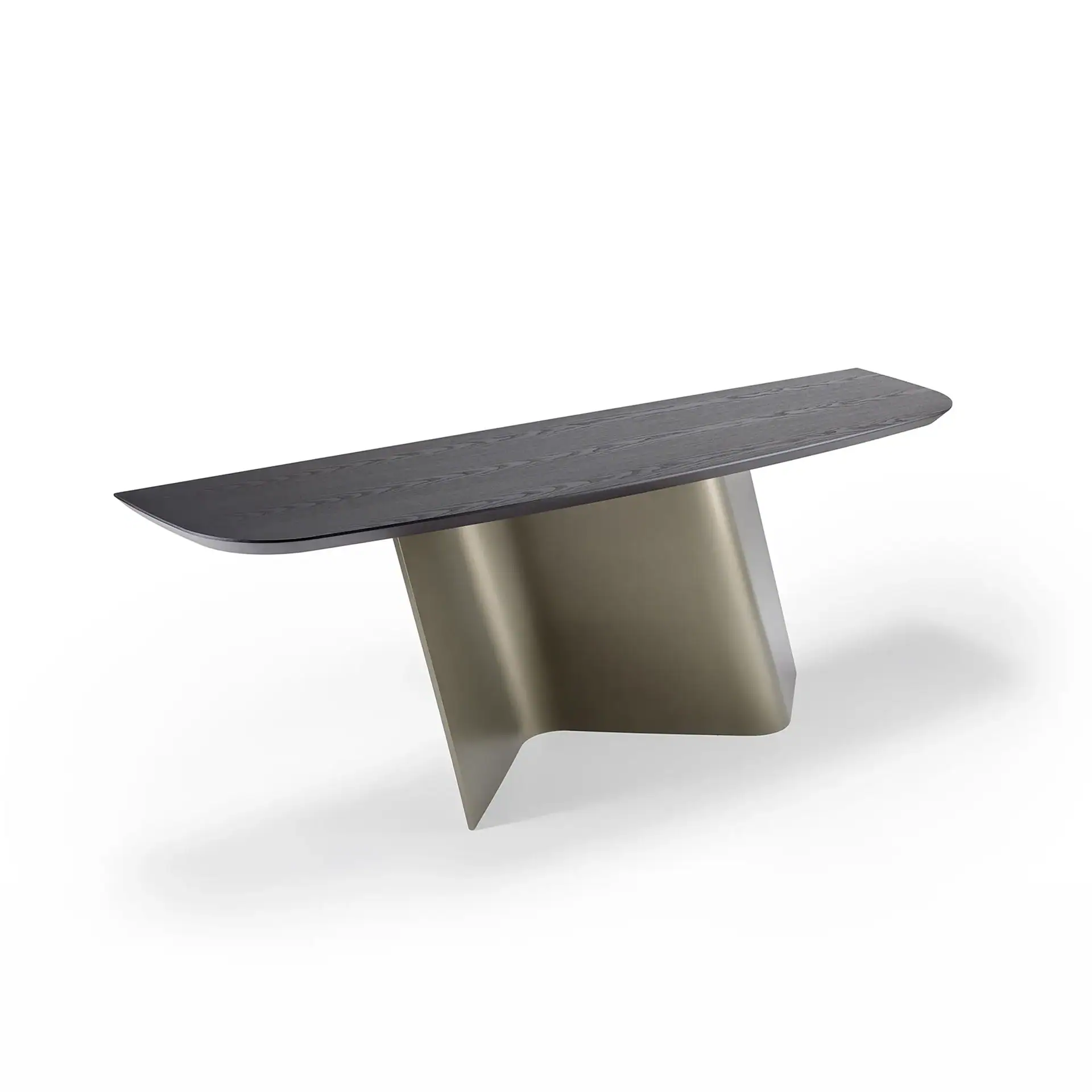 Elegant Esse Console Table with dark wood top and metallic base.