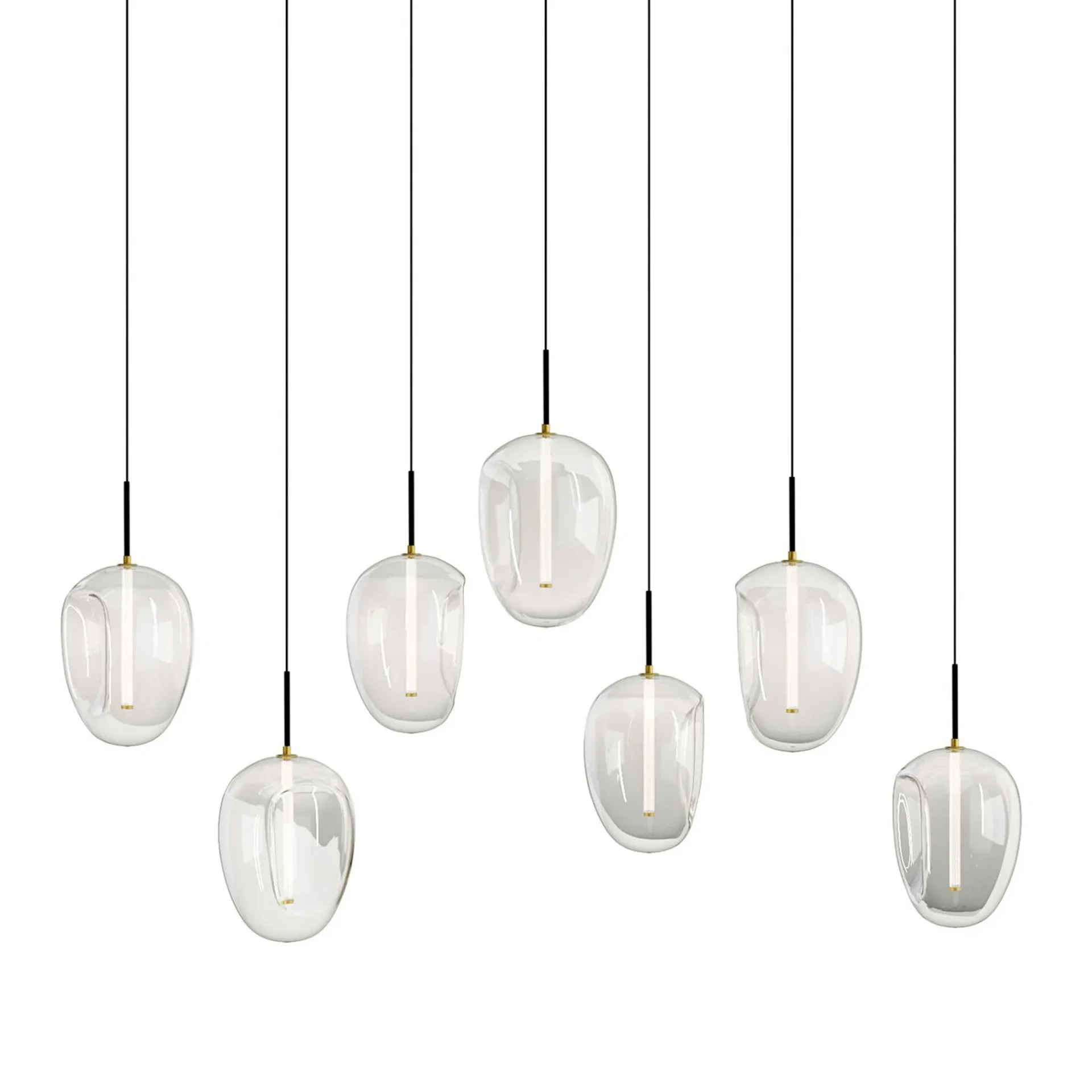 Seven clear, irregularly shaped glass pendant lights with internal LED filaments, suspended by black cords against a white background.