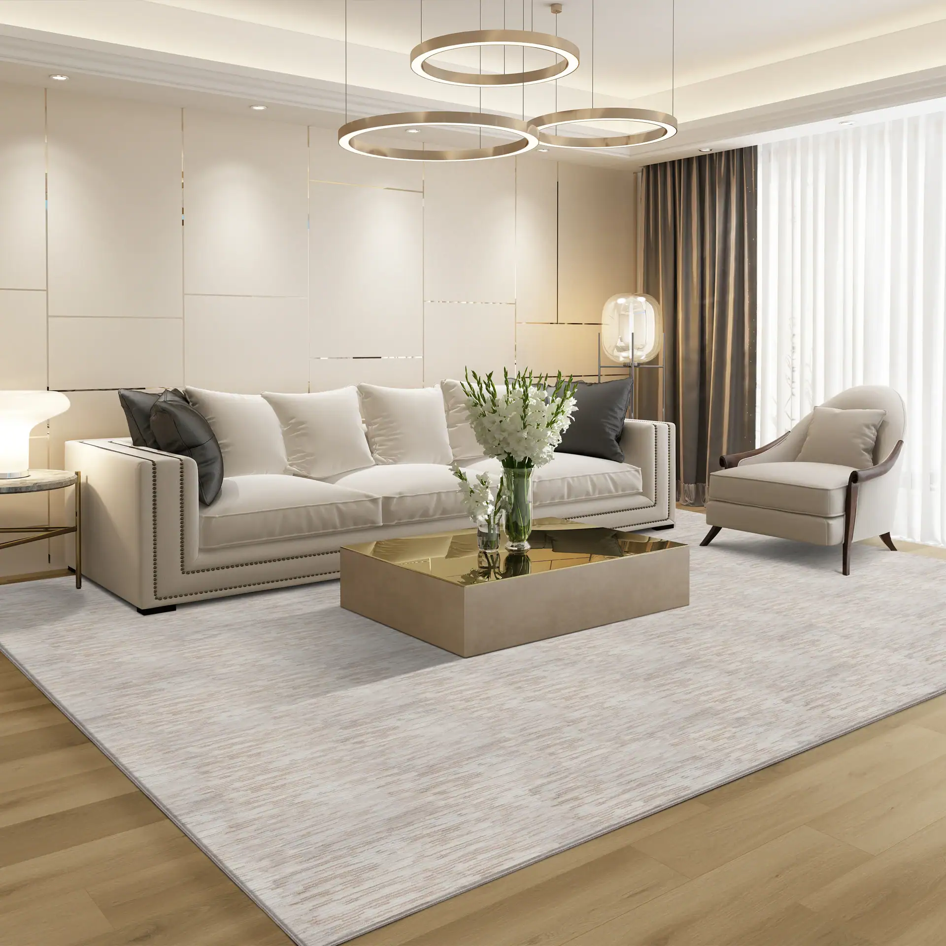 Elegant modern living room with neutral tones, gold accents, and contemporary furniture.