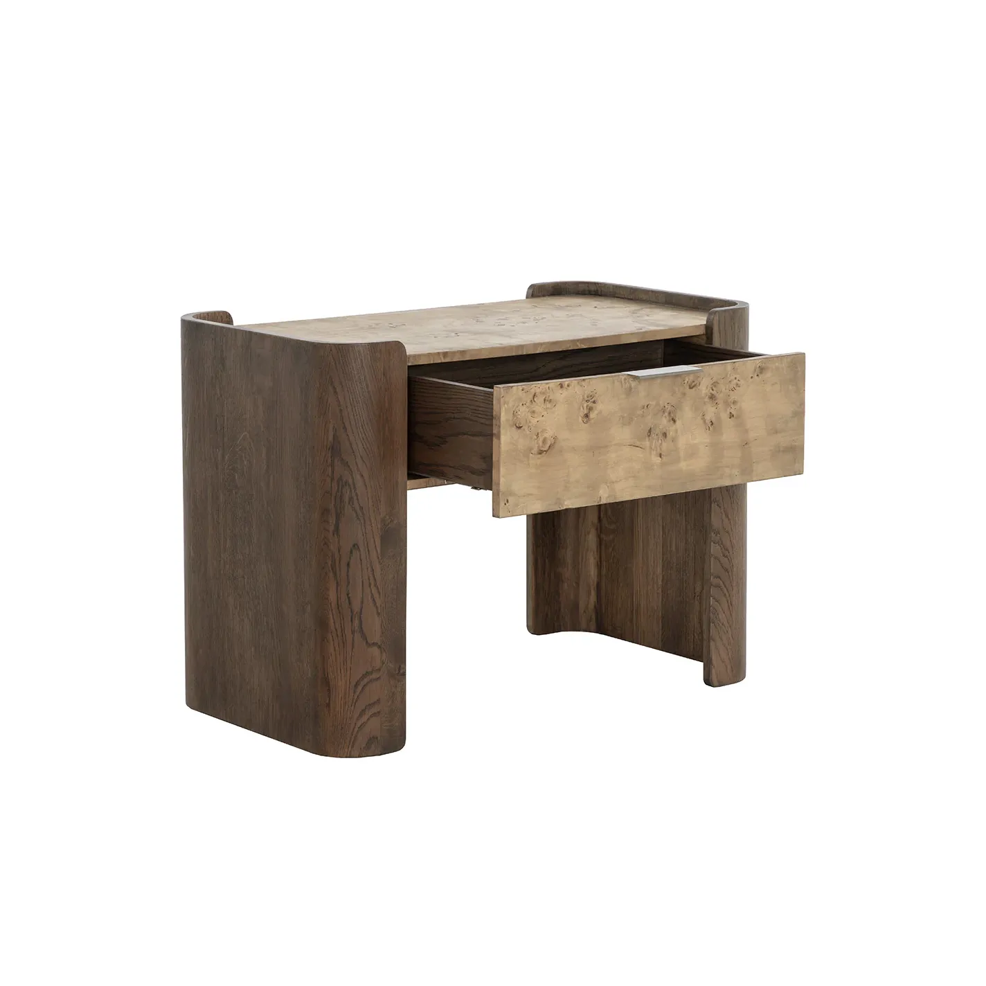 A modern console table or desk made of dark wood with a lighter burl wood top and a partially open drawer, set against a white background.