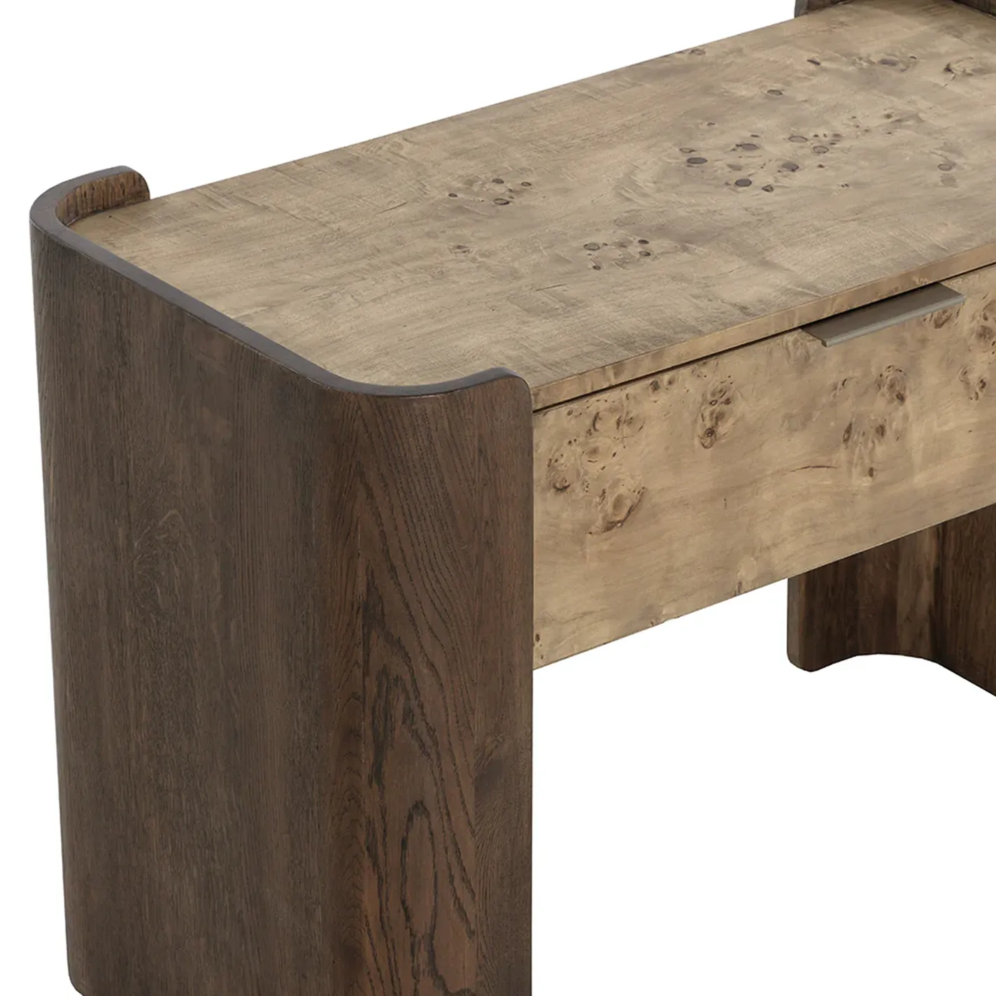 A modern console table featuring a dark brown wood frame with rounded corners and a light, burled wood top and drawer with a recessed handle.