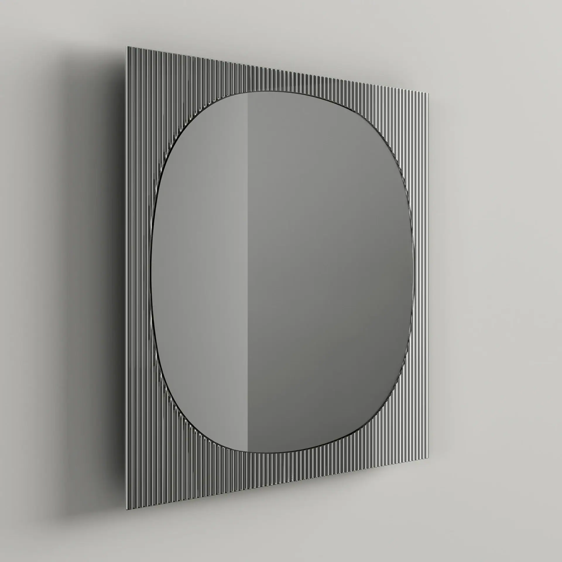 Elegant oval wall mirror with striped frame, perfect for contemporary interiors.