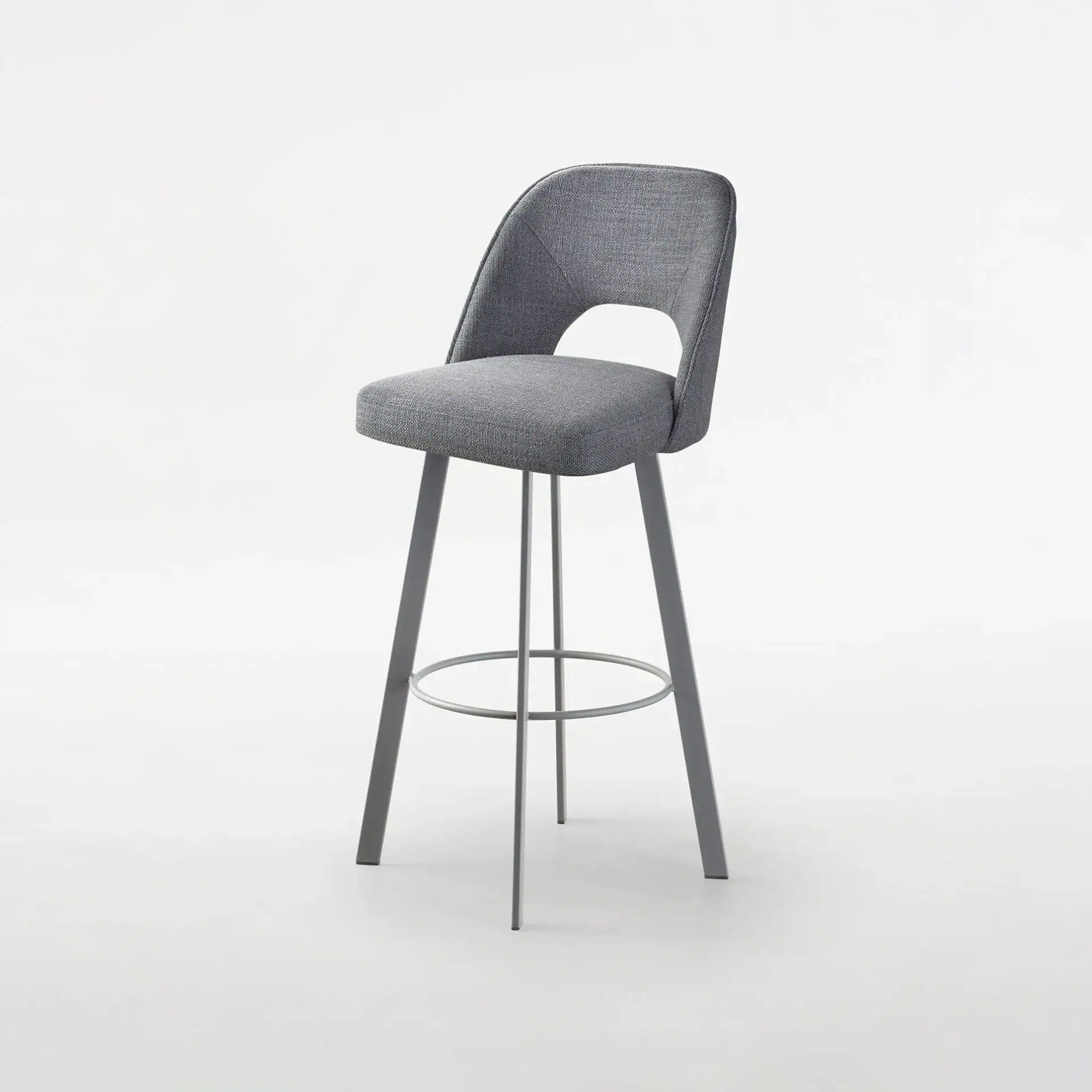 Sklar Furnishings bar and counter stool with upholstered seat and backrest in gray fabric.