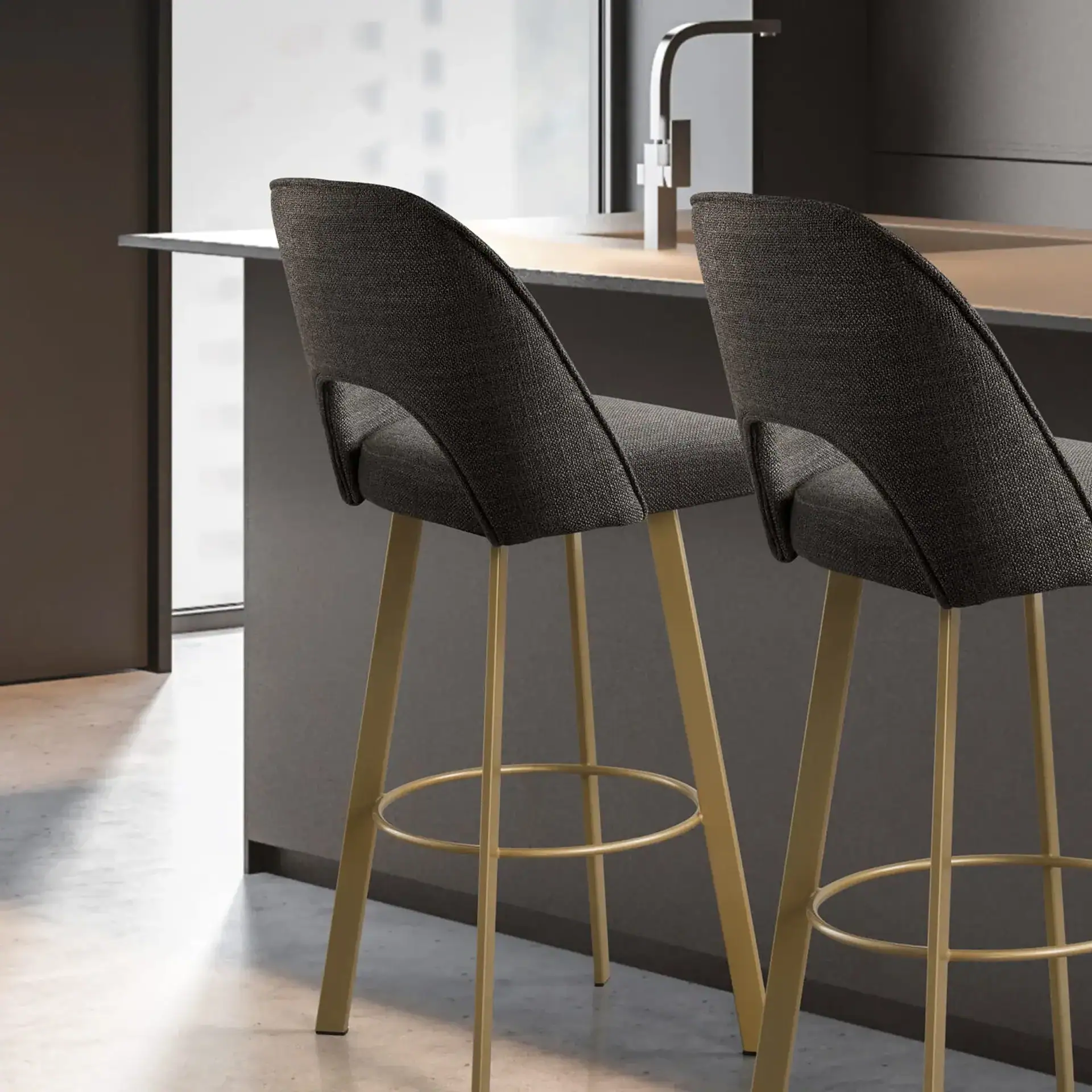 Sklar Furnishings Mia upholstered bar stool with dark fabric and gold legs.