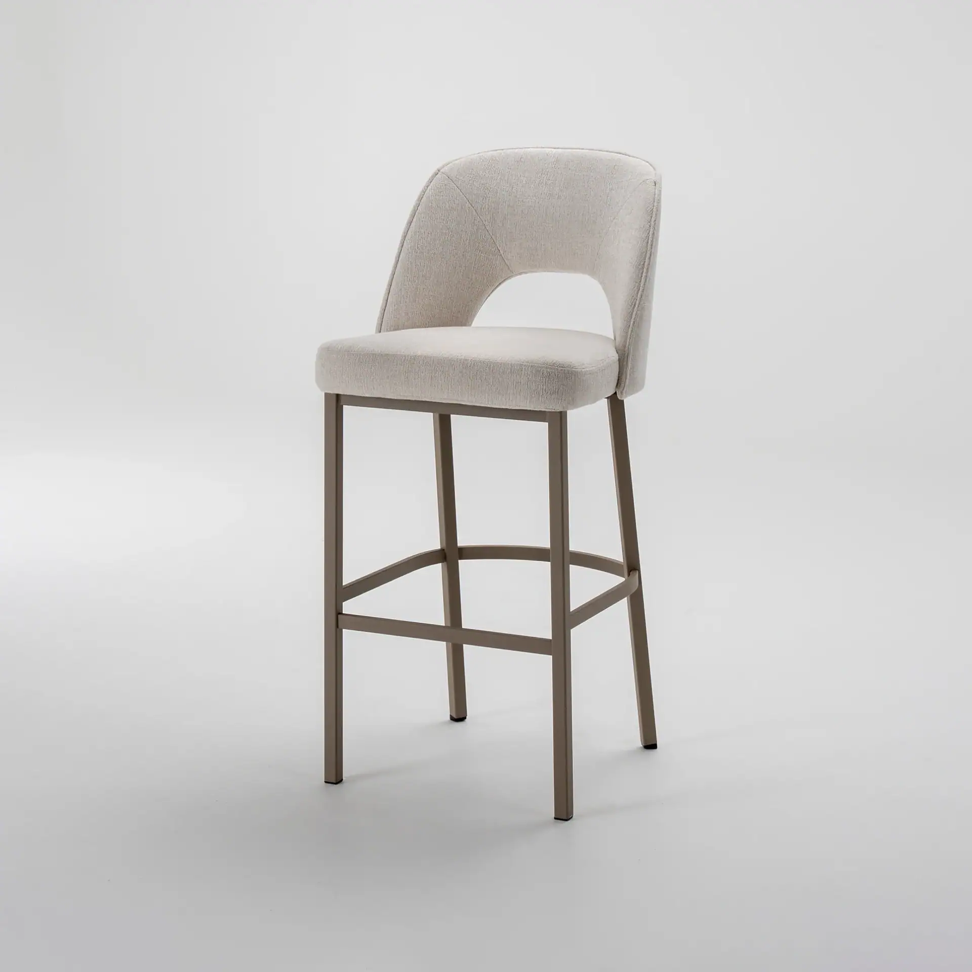 Mia upholstered bar stool with beige fabric and metal frame.