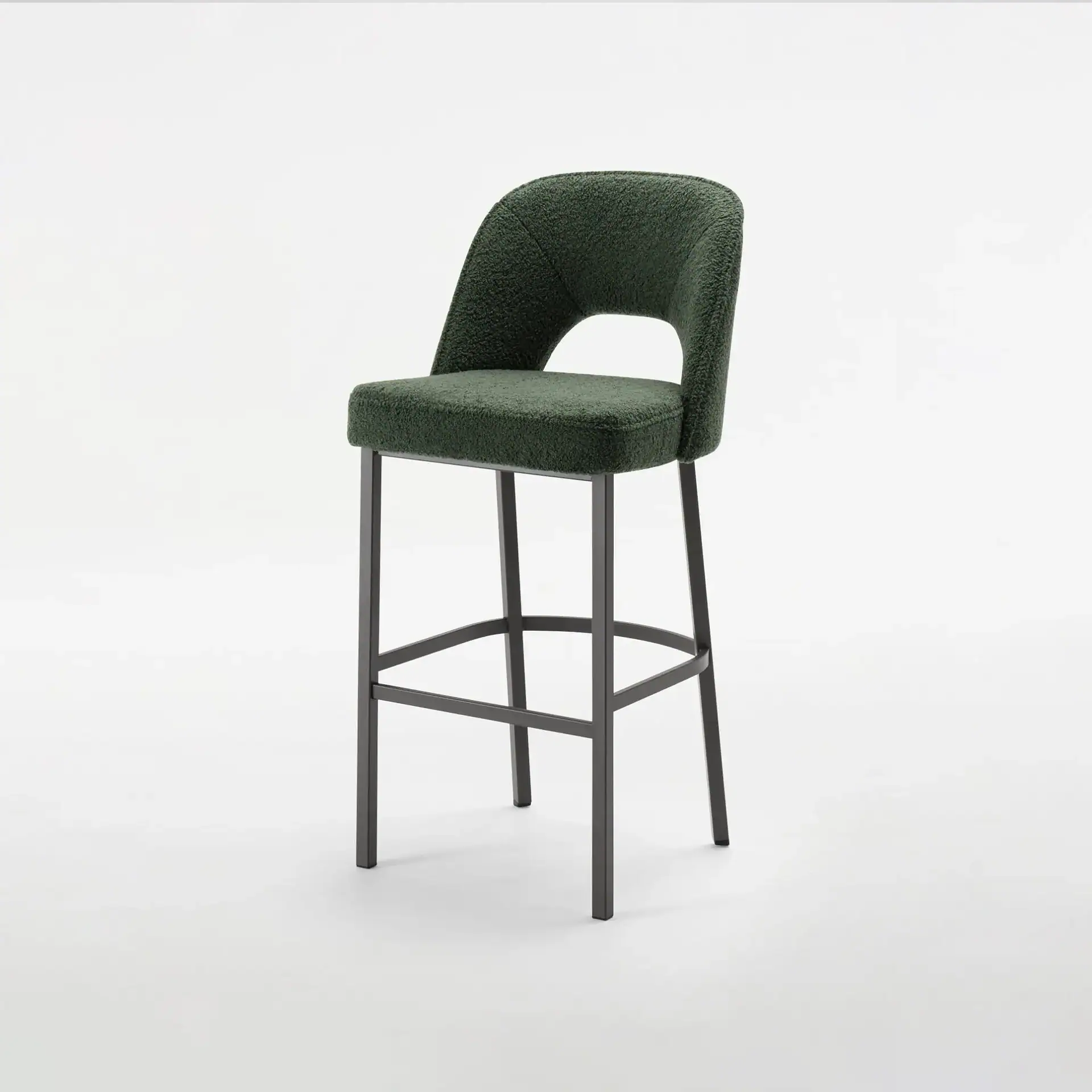 Sklar Furnishings bar and counter stool with green upholstered seat and backrest.