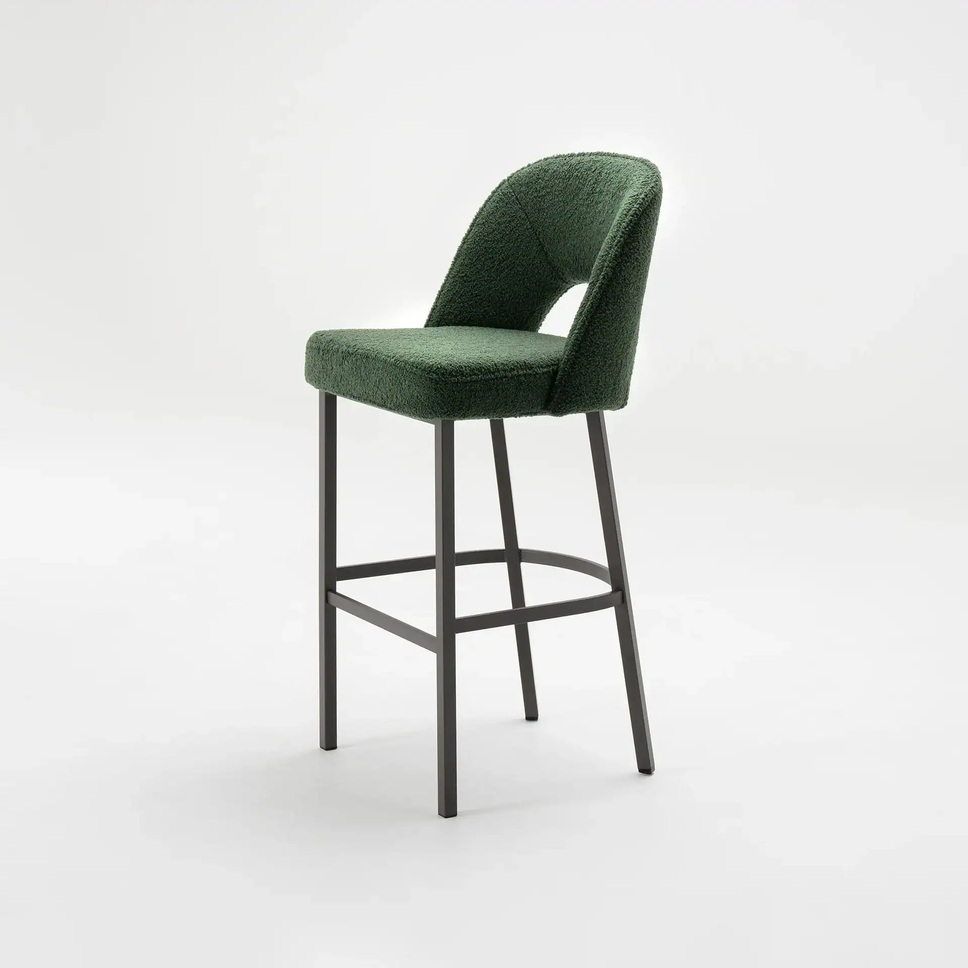 Sklar Furnishings Mia upholstered bar stool with green fabric and black metal legs.