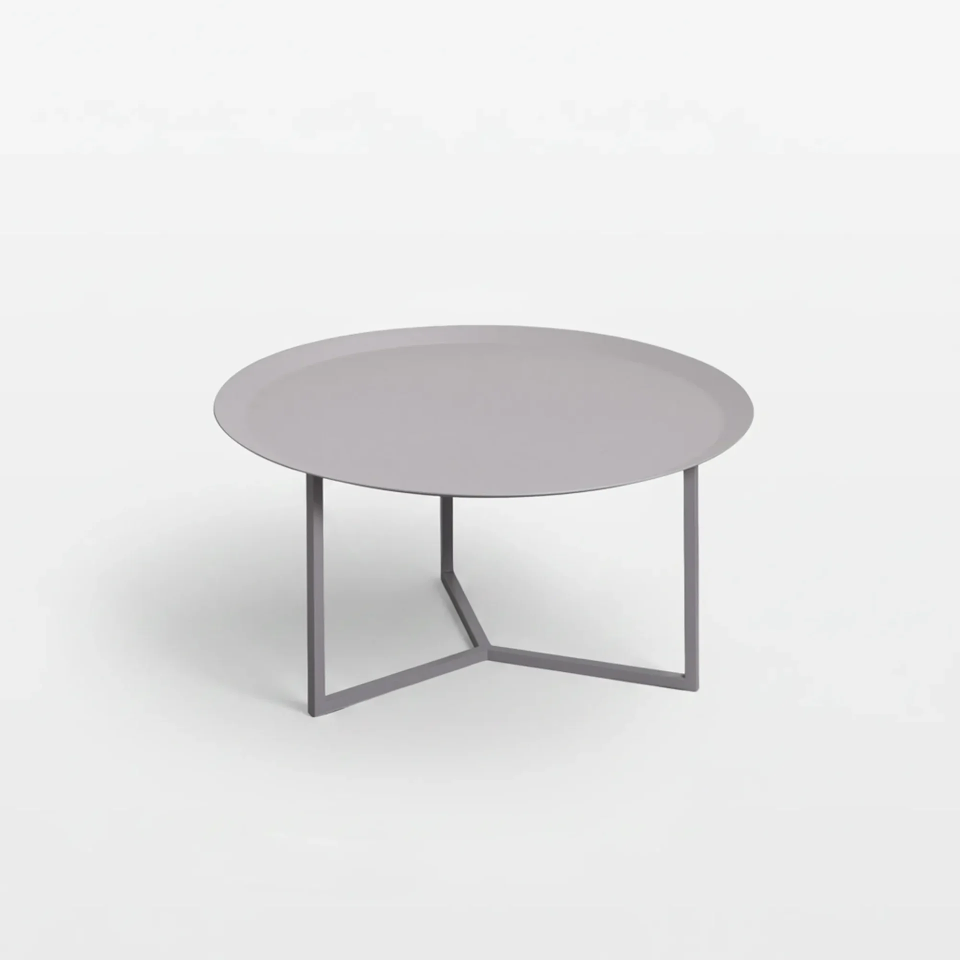 A light grey round coffee table with a dark grey geometric metal base on a white background.