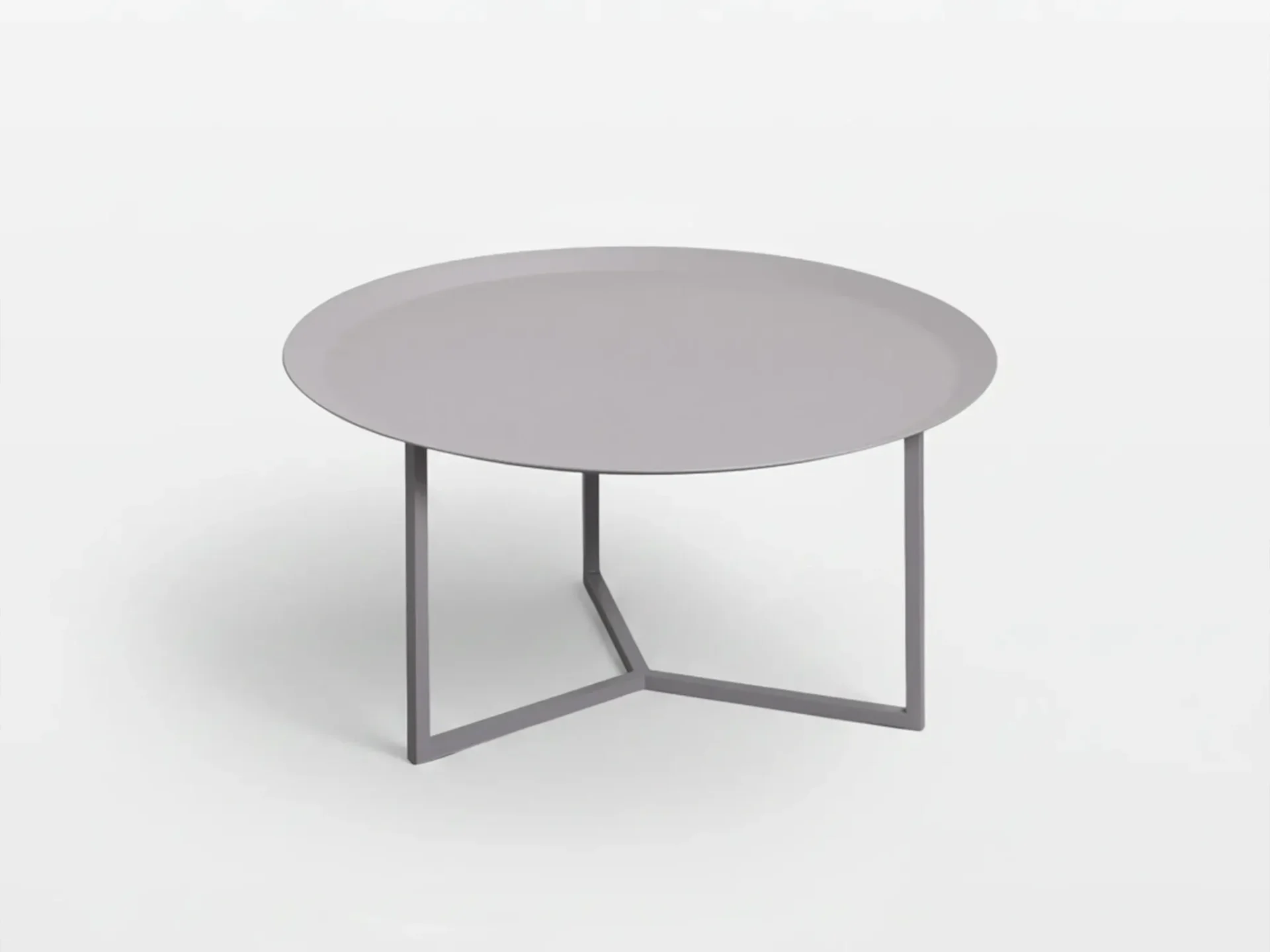 A light grey round coffee table with a dark grey geometric metal base on a white background.