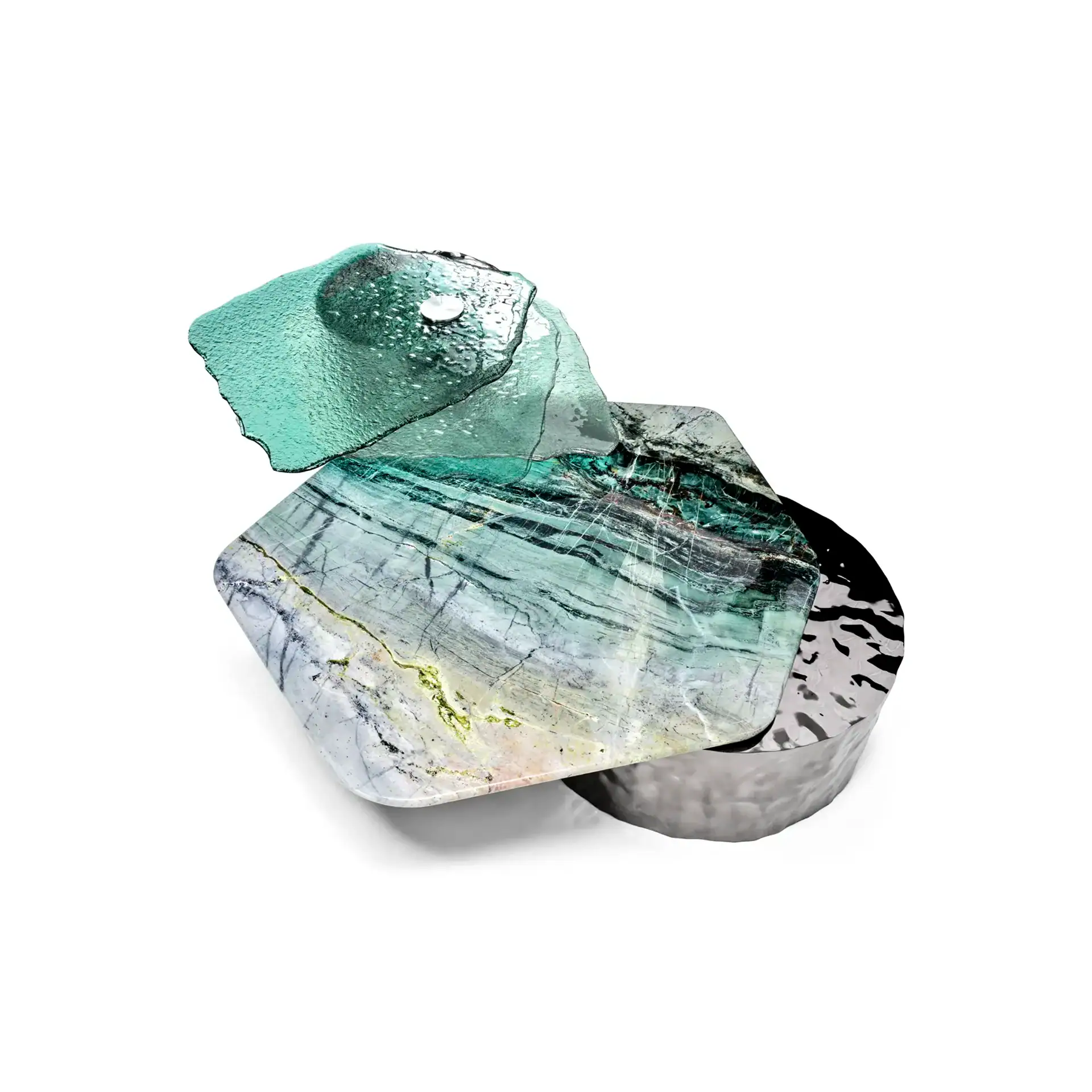 Modern glass art coffee table with layered, textured glass surfaces.