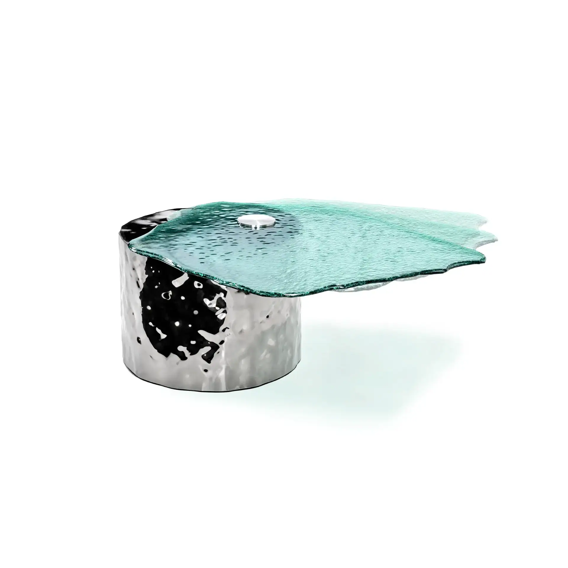 Unique glass and metal coffee table with a modern design.