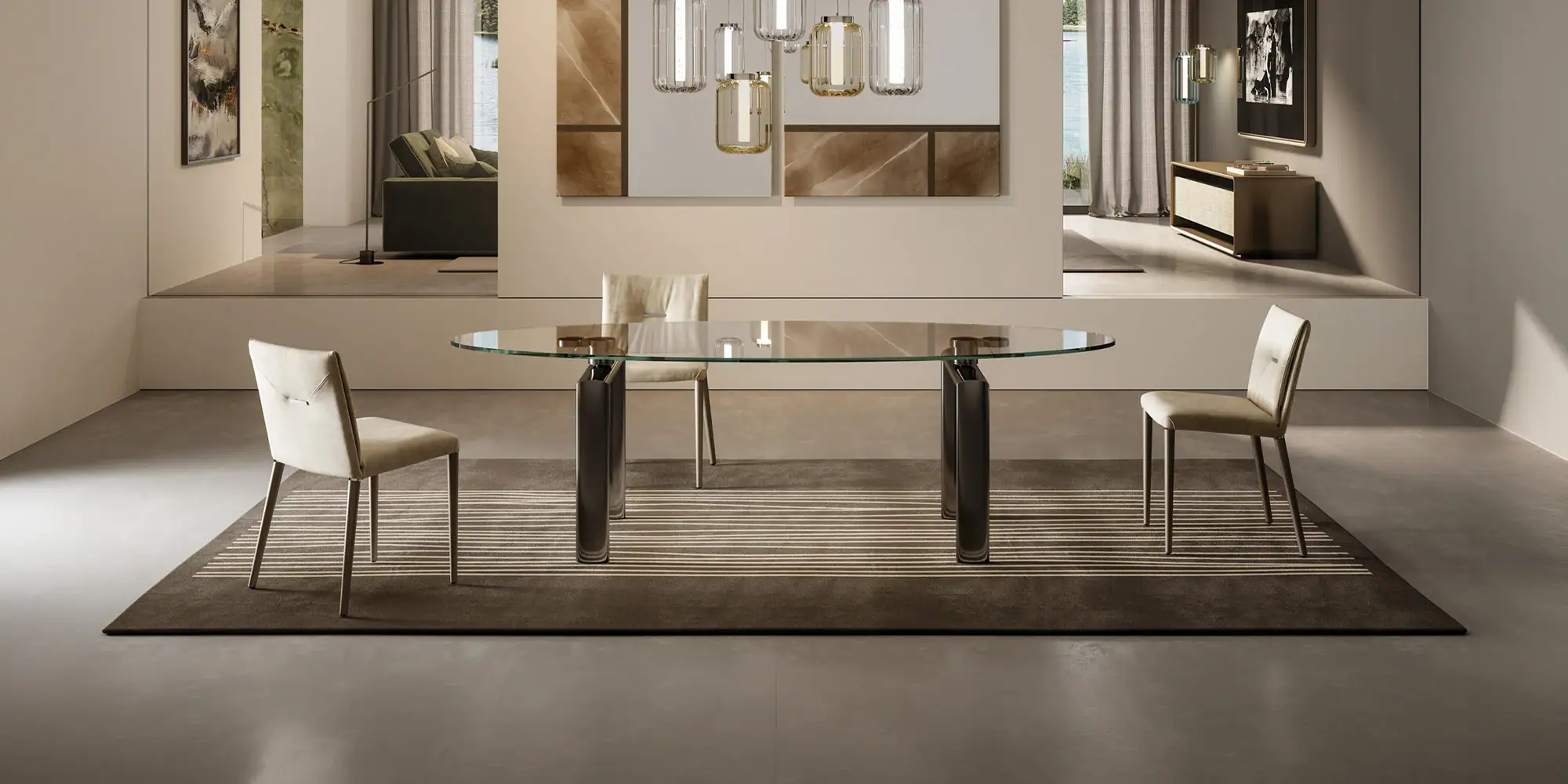 Elegant modern dining room featuring a sleek custom motion table and stylish chairs.