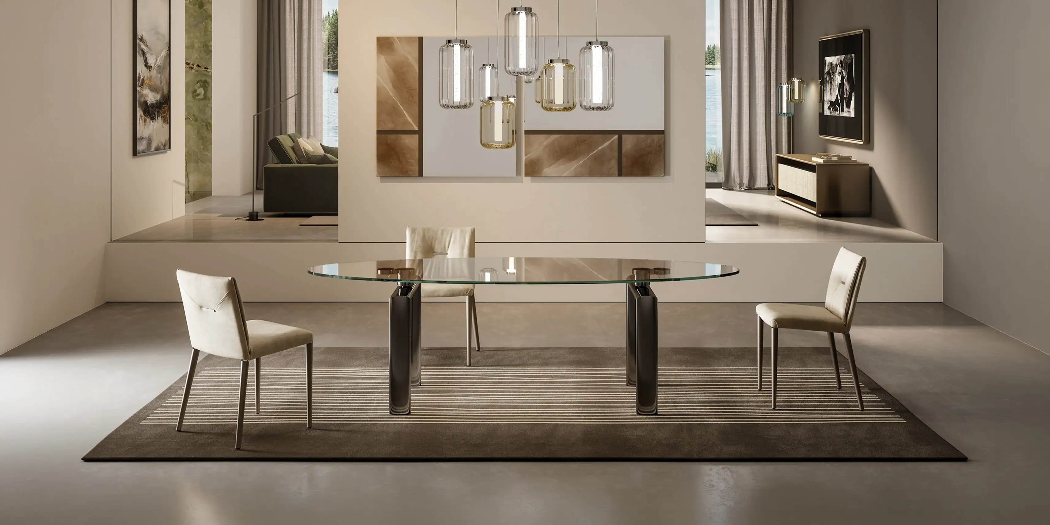 Modern glass dining table with two chairs in a contemporary room.