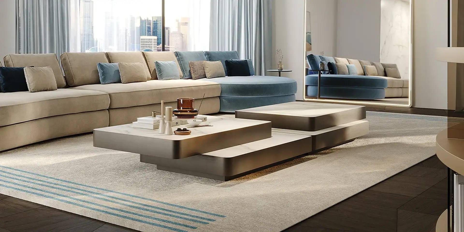 Contemporary living room featuring customizable motion tables and plush seating.