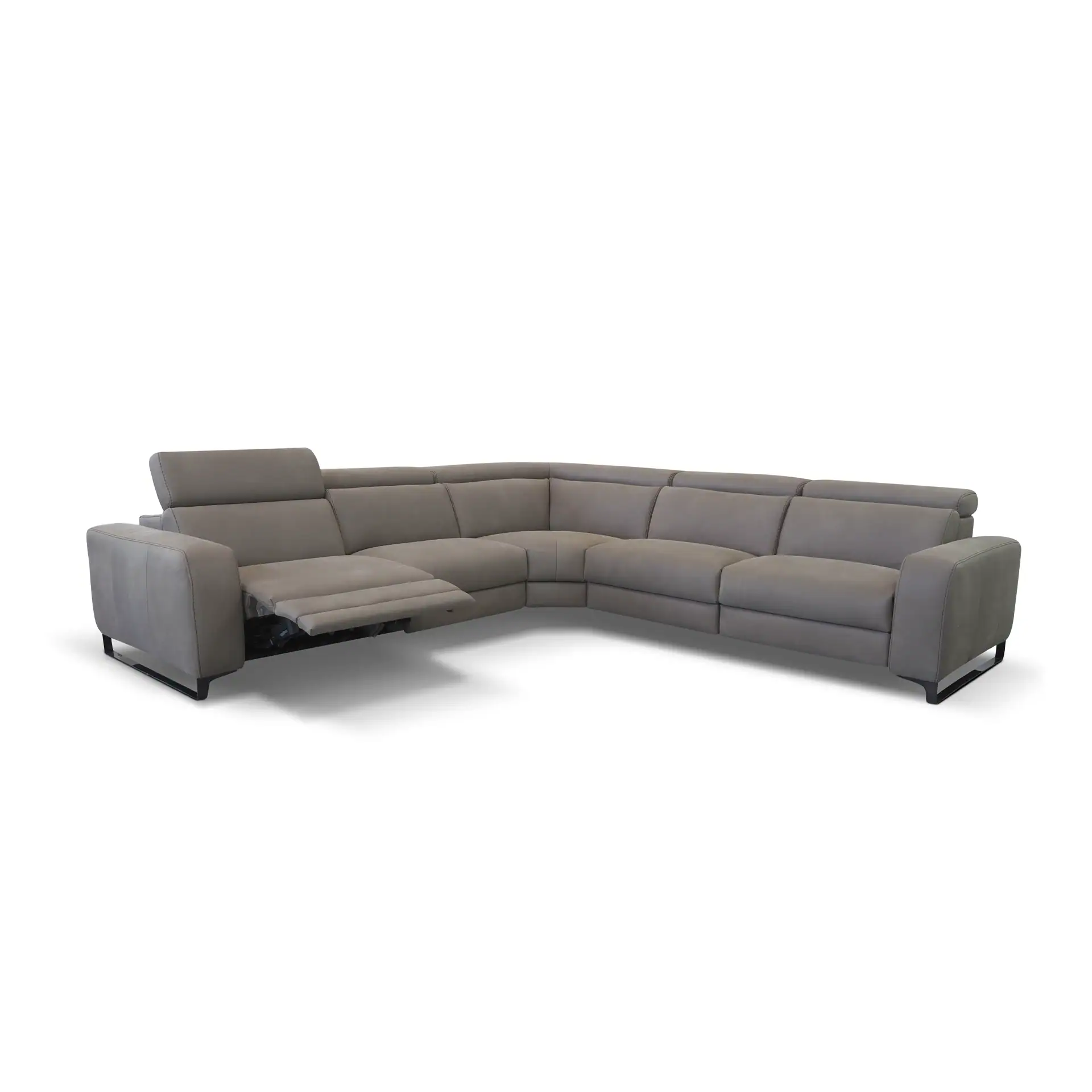 Gray sectional sofa with built-in recliner, contemporary design, comfortable seating.