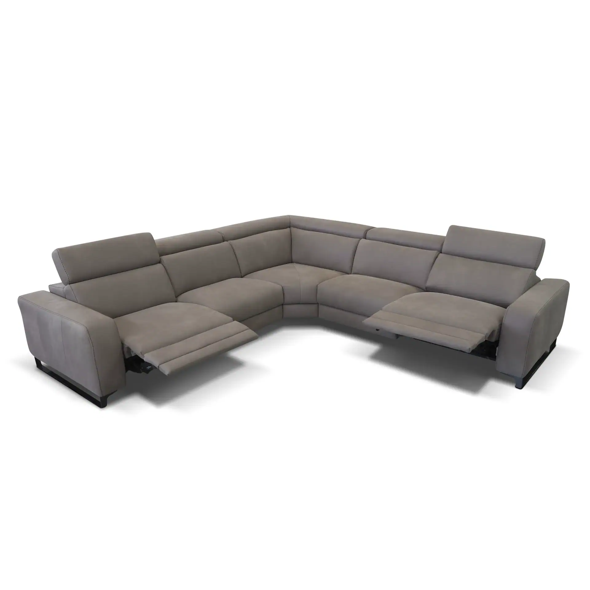 Gray sectional sofa with adjustable headrests, perfect for modern living room decor.