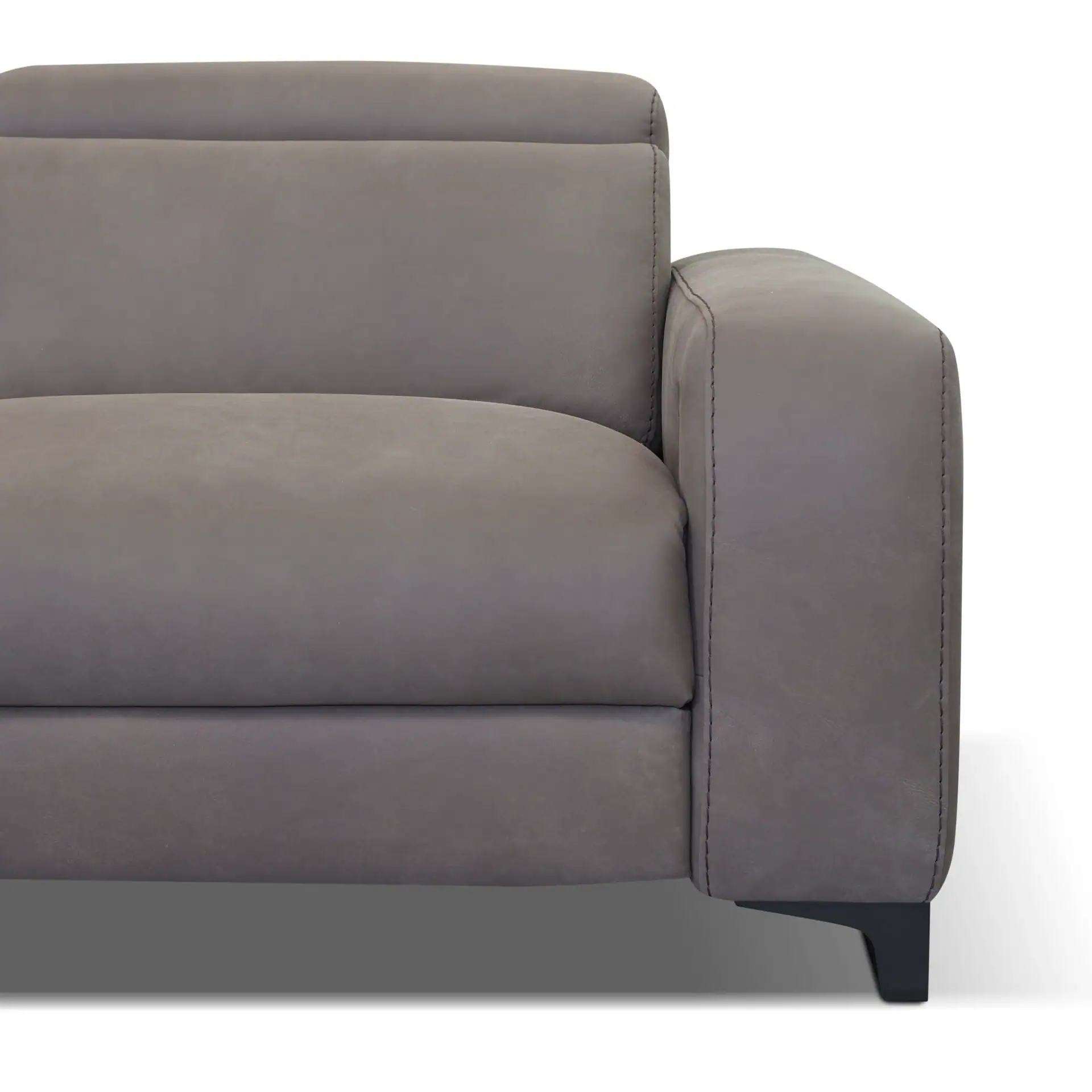 Gray upholstered sofa with clean lines, perfect for contemporary living room decor. Comfortable seat.