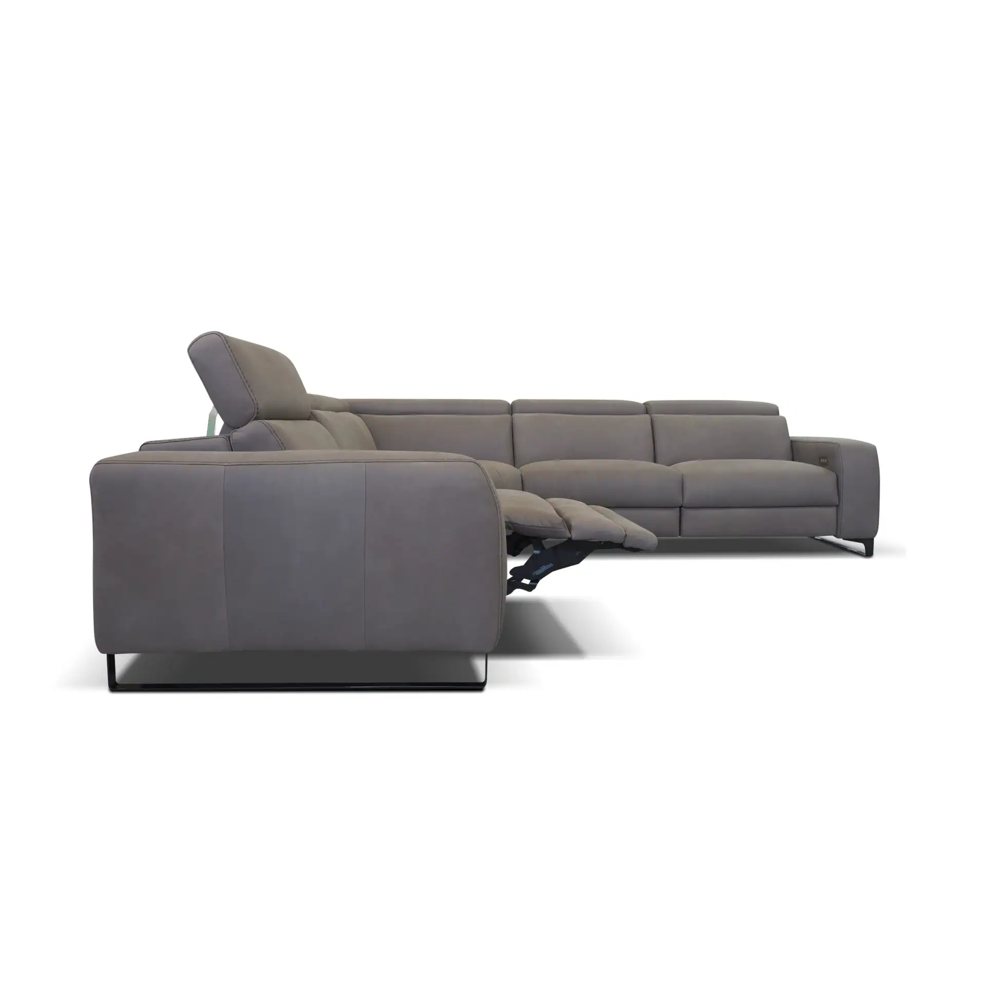 Gray sectional sofa with built-in recliner for living room comfort.