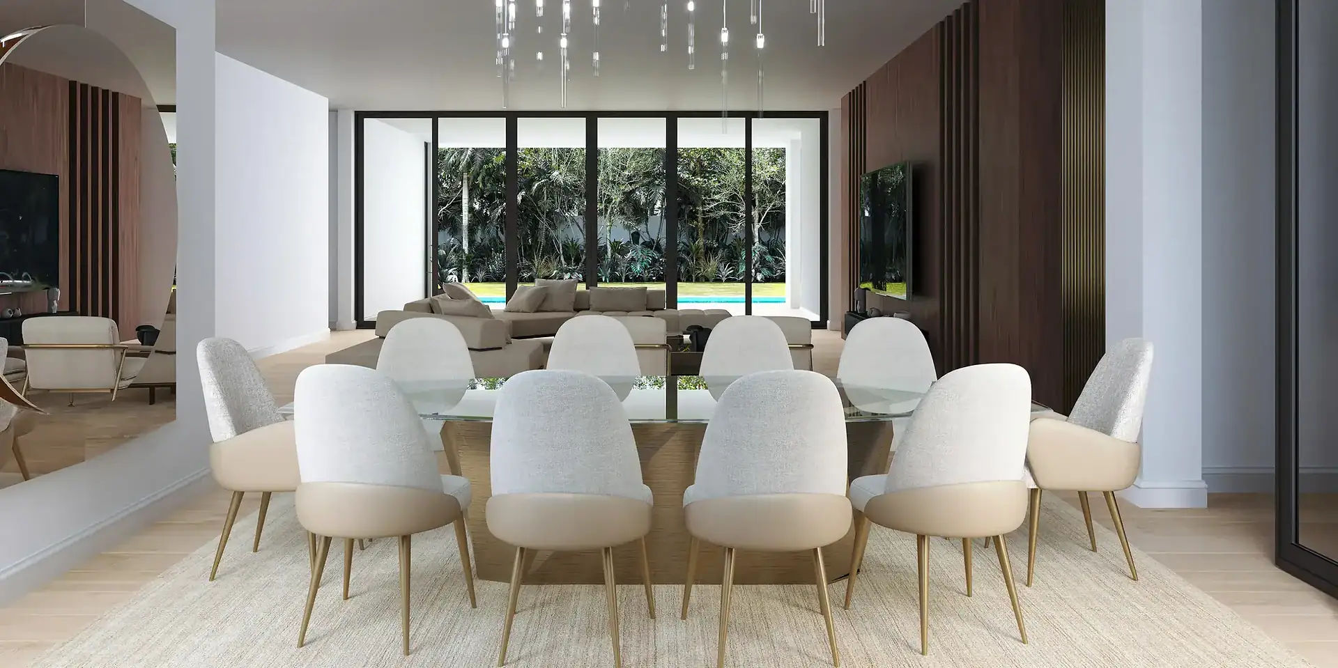 Elegant modern dining room with large windows and stylish seating arrangement.
