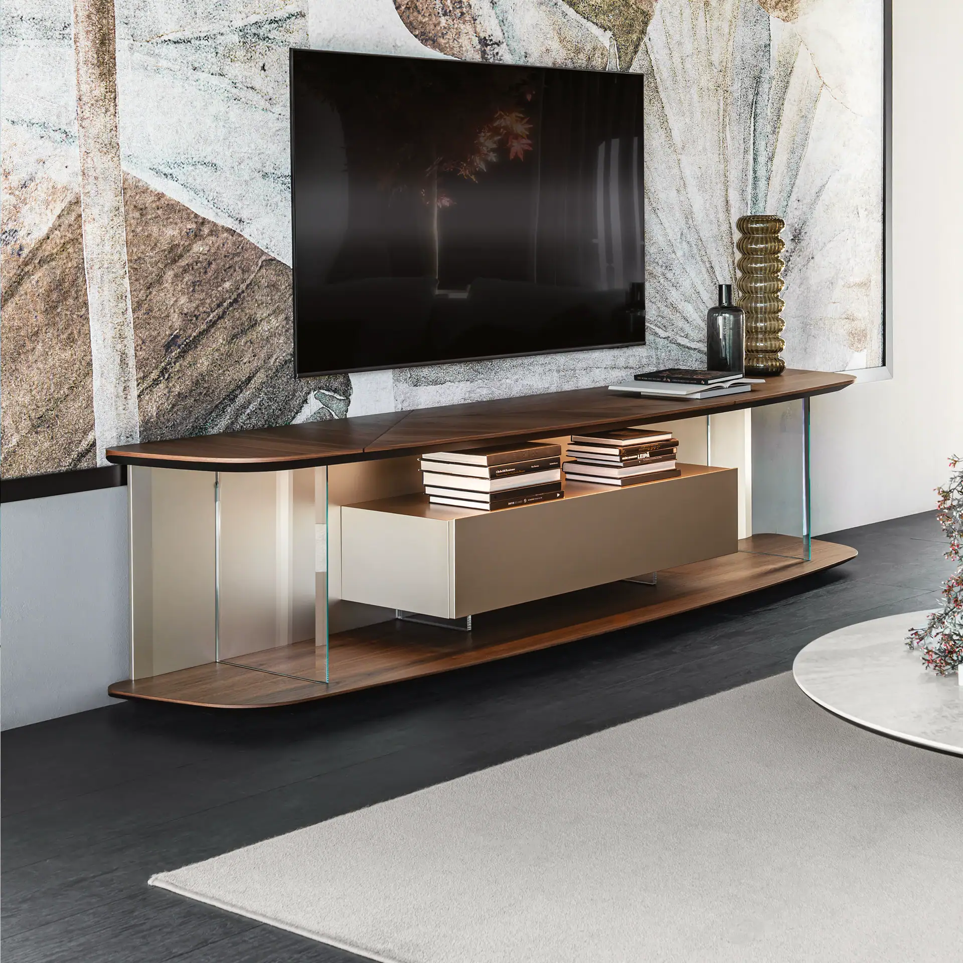 Contemporary Altavista TV cabinet with wood finish and open shelving.