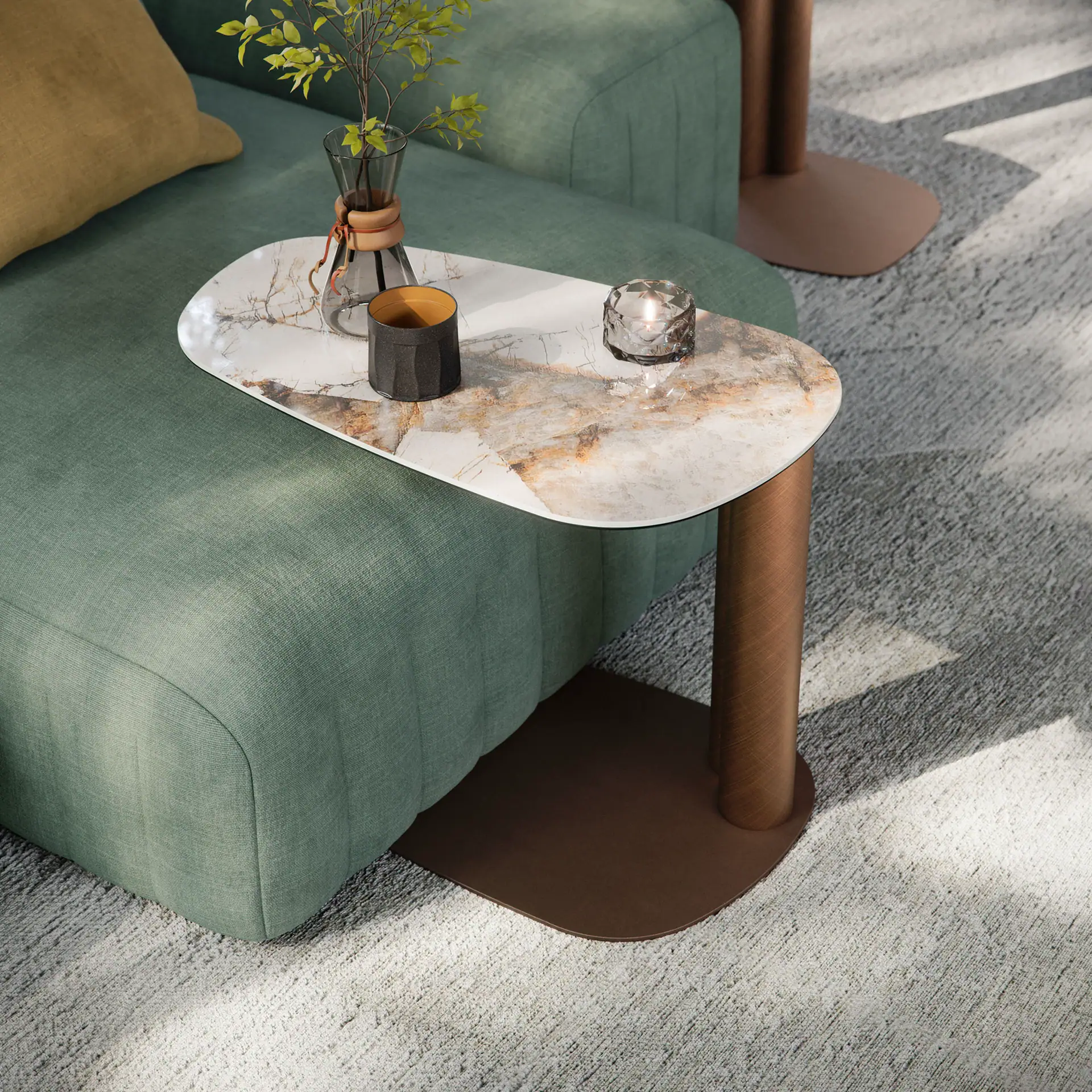 Amalfi coffee table featuring a marble surface and wooden legs, perfect for contemporary living room.