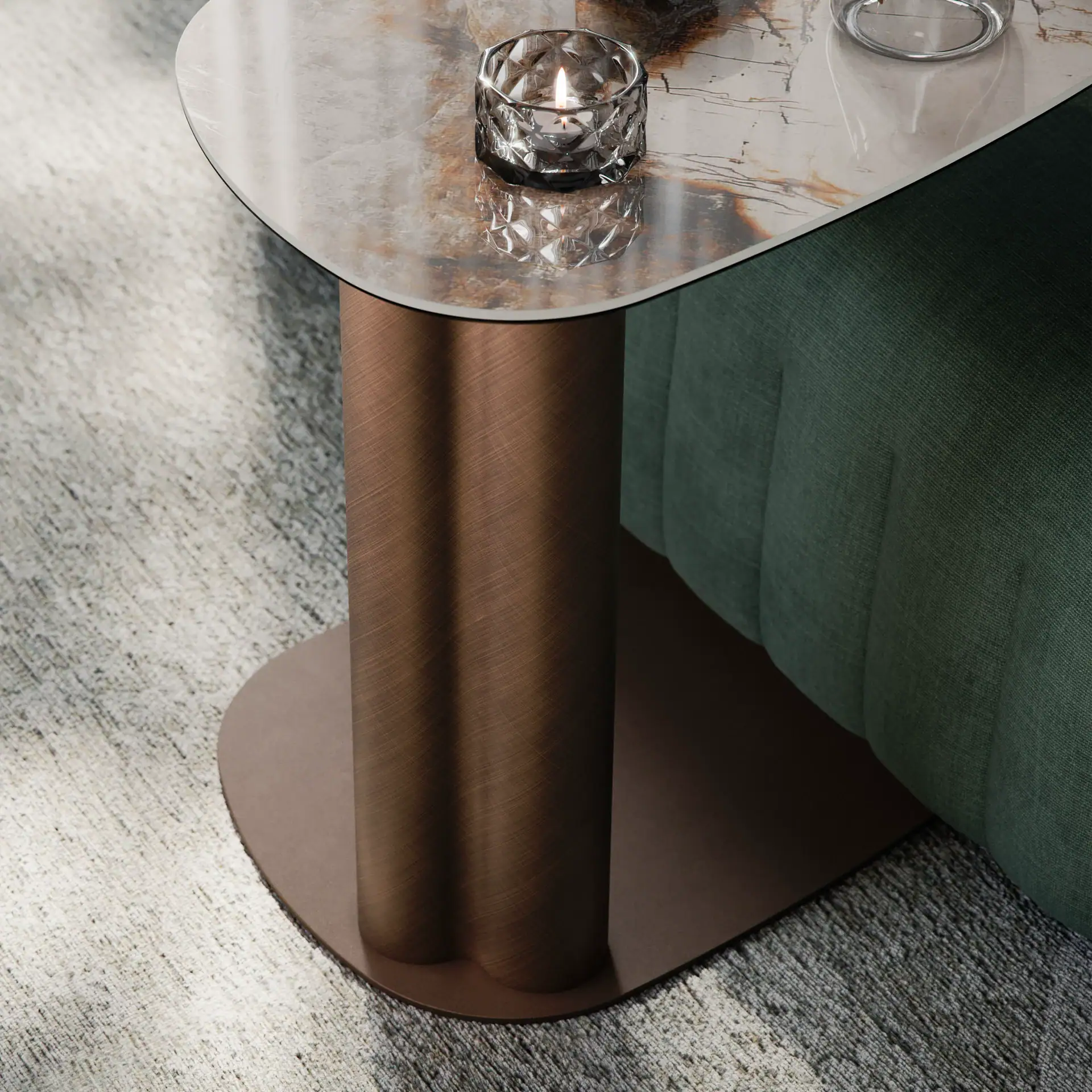 Amalfi coffee table featuring a marble top and gold cylindrical base, perfect for contemporary livin.