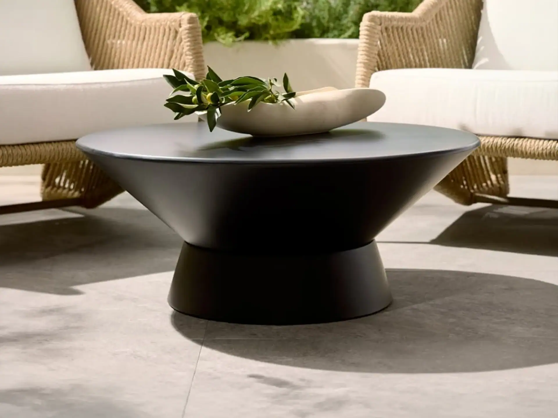 Black contemporary coffee table with a decorative white bowl and green plant.