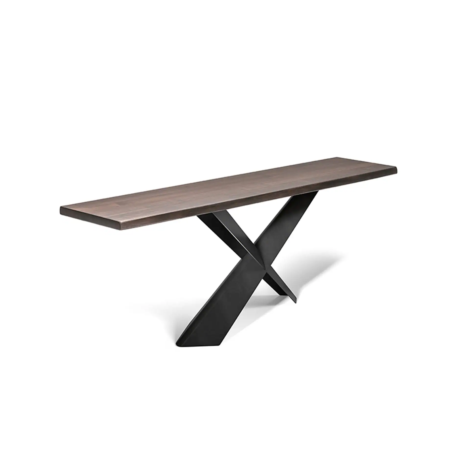 Modern Cattelan Italia console table with wooden top and black metal base.