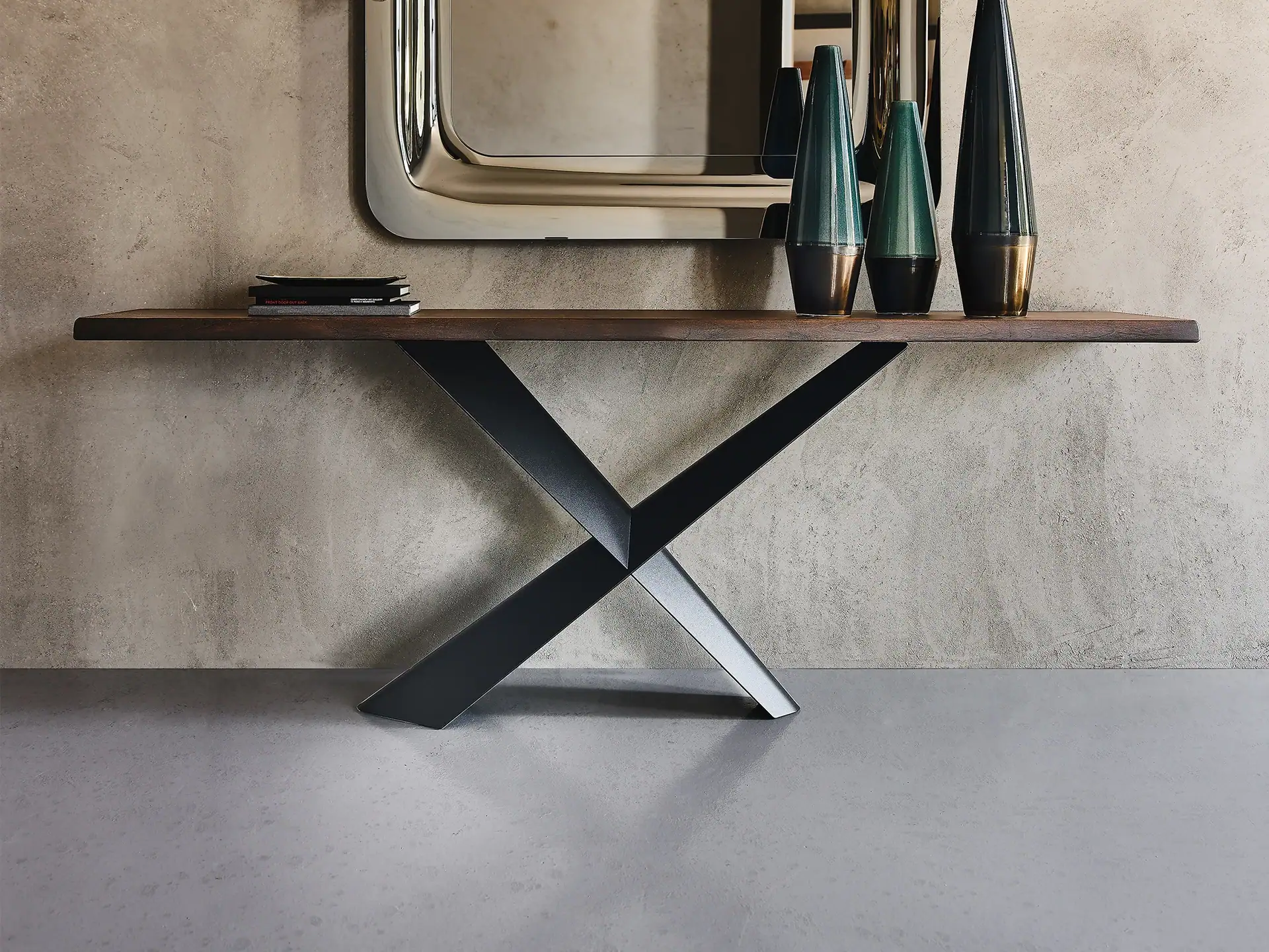 Elegant Cattelan Italia Terminal console table with a sleek wooden top and distinctive black metal X.