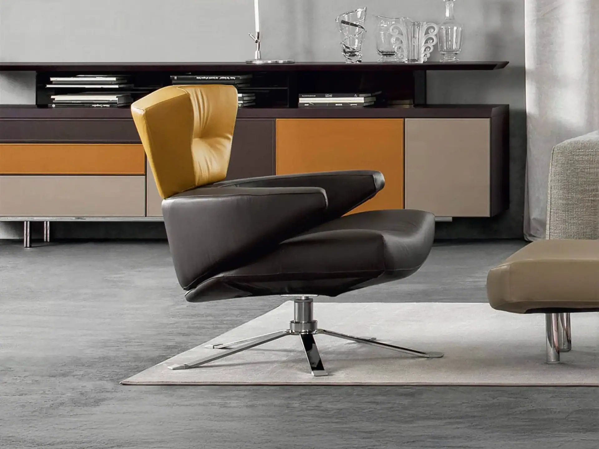 Contemporary Mary Armchair with black and mustard upholstery, sleek design, perfect for modern inter.
