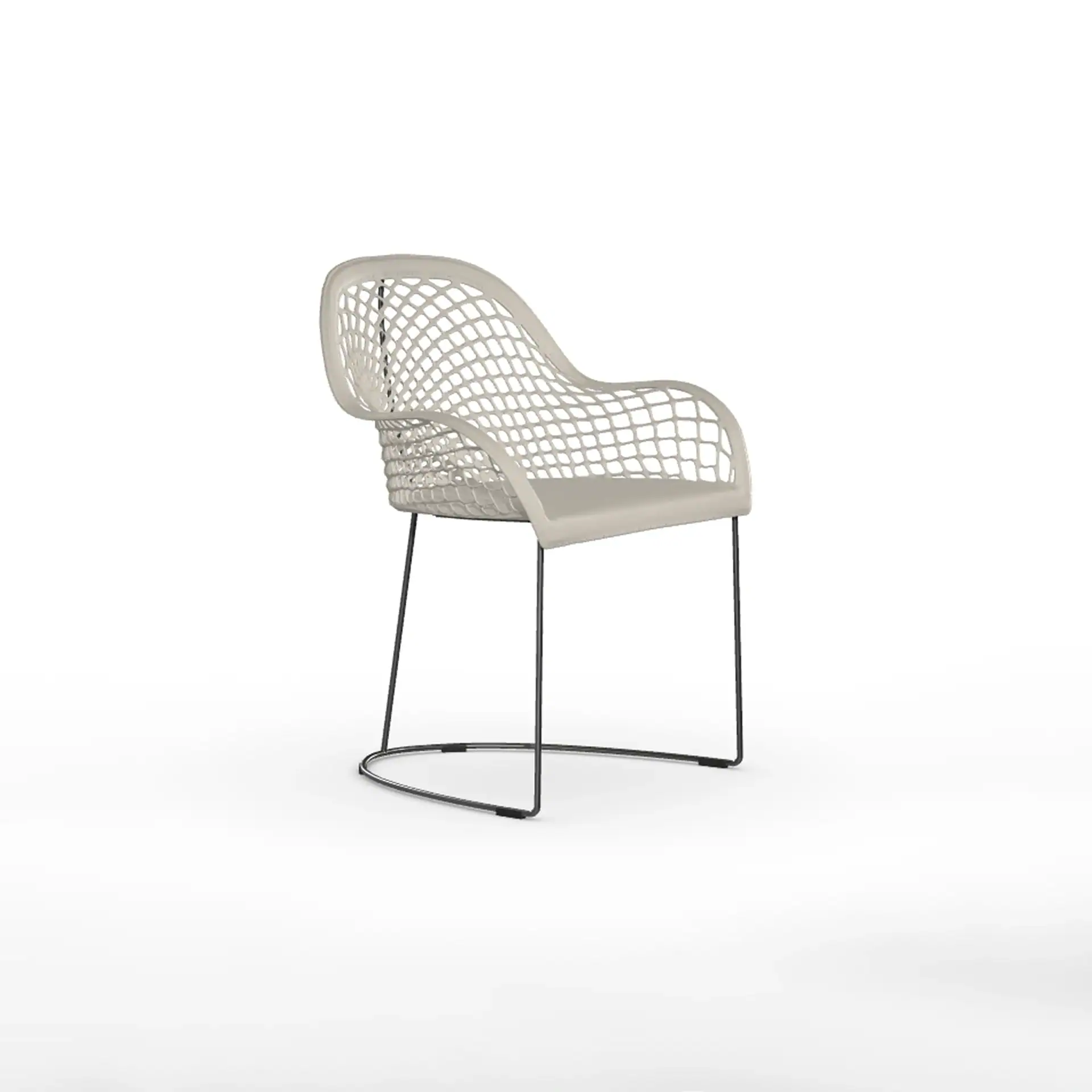 Contemporary white woven accent chair with metal legs for stylish living room decor.