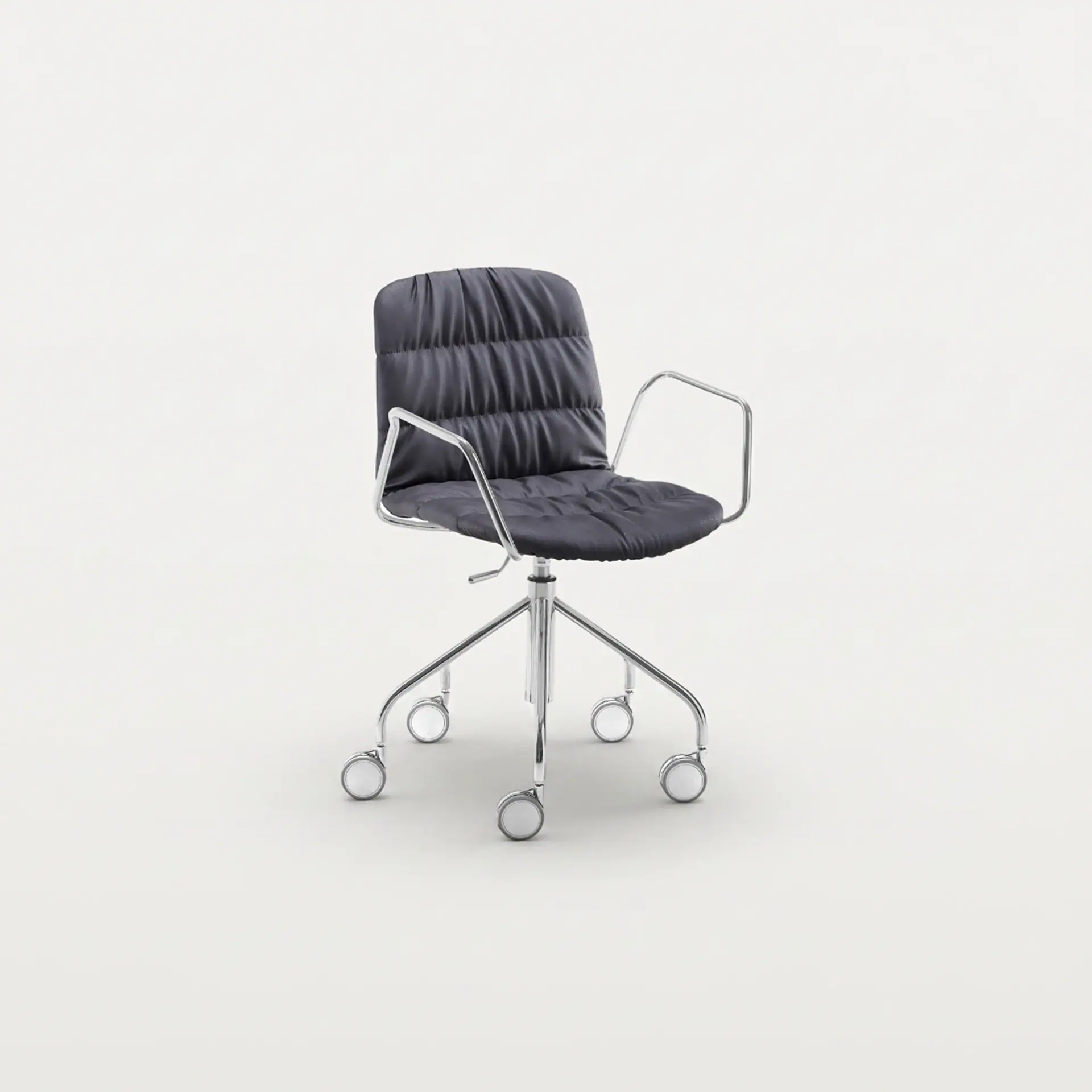 Elegant black Midj Liù armchair featuring a cushioned seat and backrest, chrome armrests, and rollin.