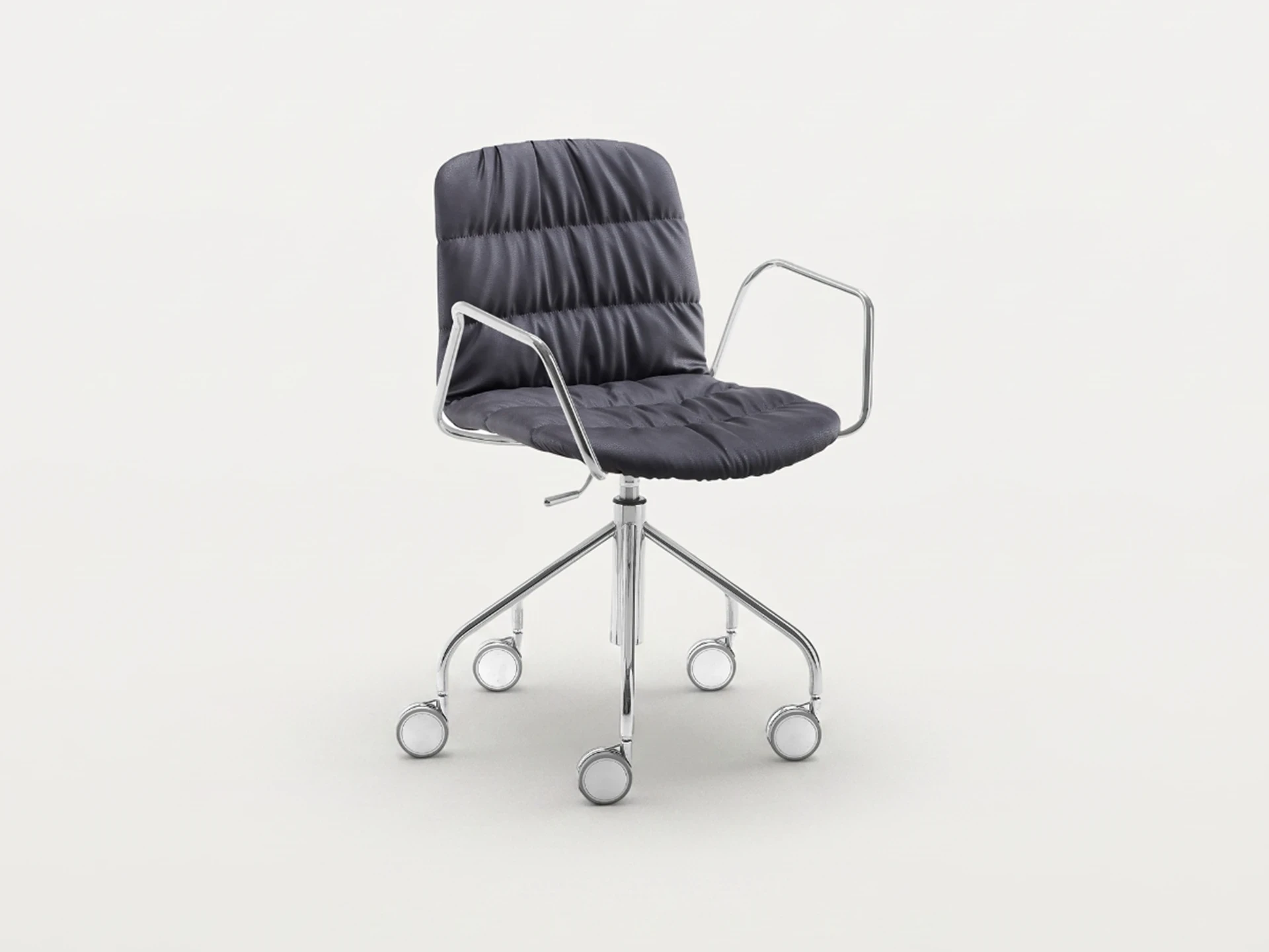 Black upholstered Midj Liù office chair with chrome frame and casters for mobility.