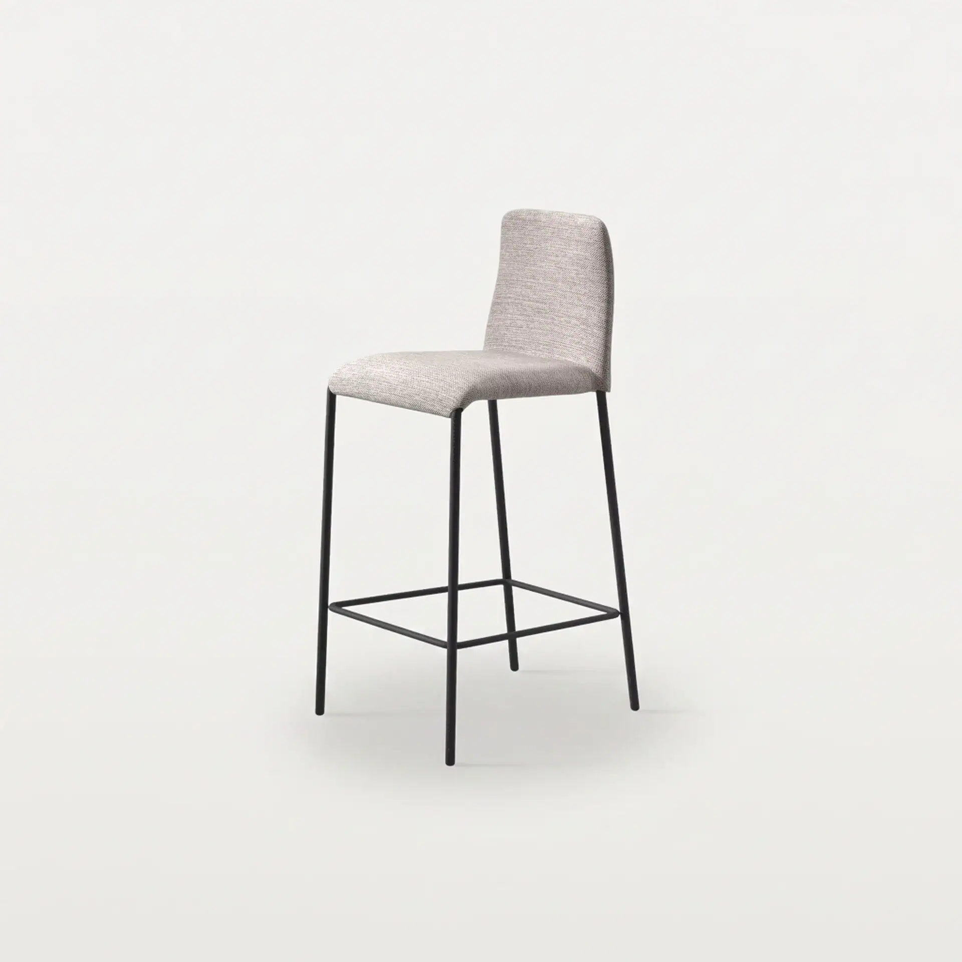 Modern grey upholstered counter stool with black metal frame.