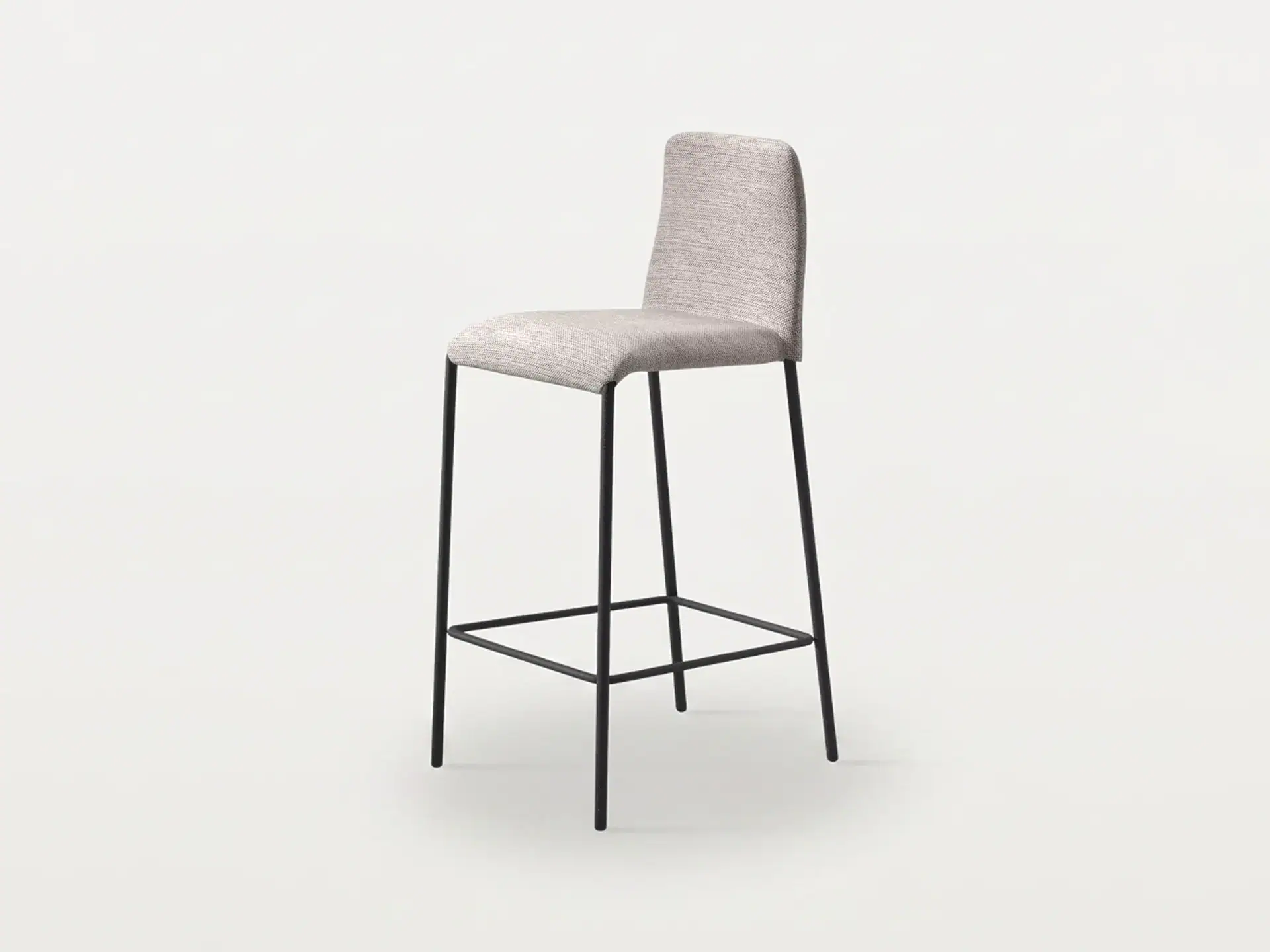 Counter stool with upholstered seat and backrest, black metal frame.