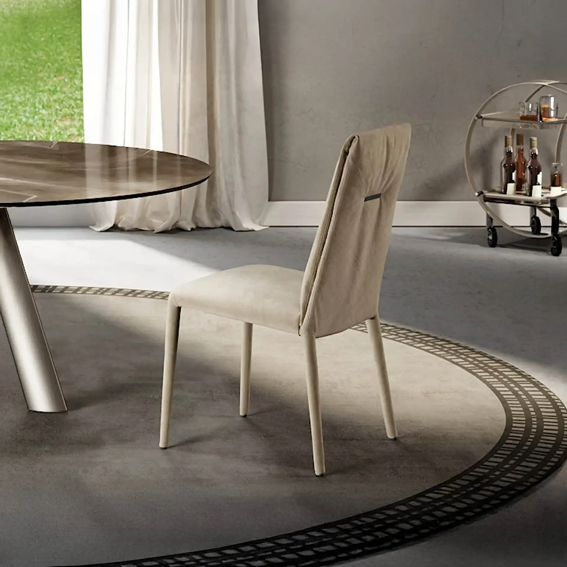 Beige dining chair with elegant design, perfect for contemporary dining rooms.