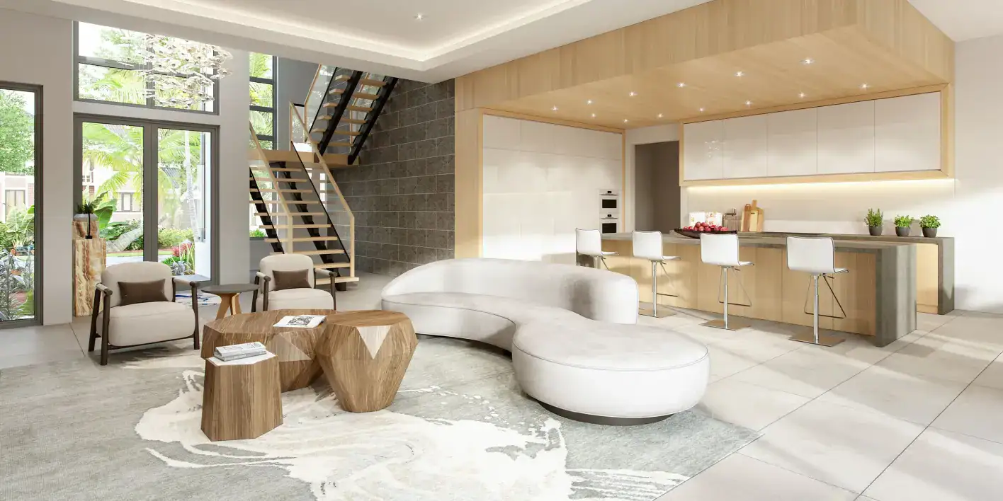 Modern minimalist living room with custom furniture, large windows, and natural light.