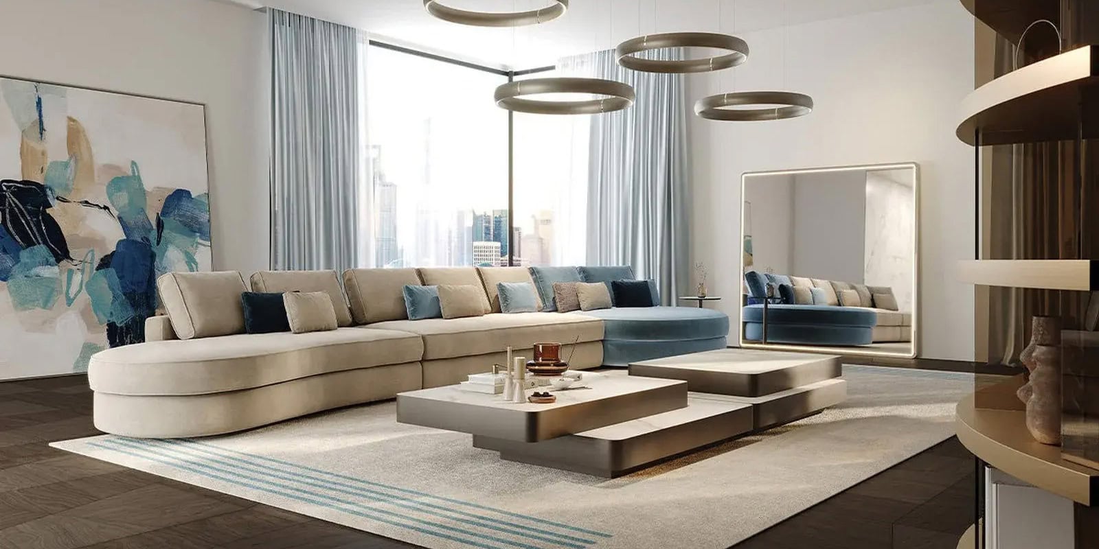 Elegant modern living room featuring a spacious beige sectional sofa with colorful cushions and cont.