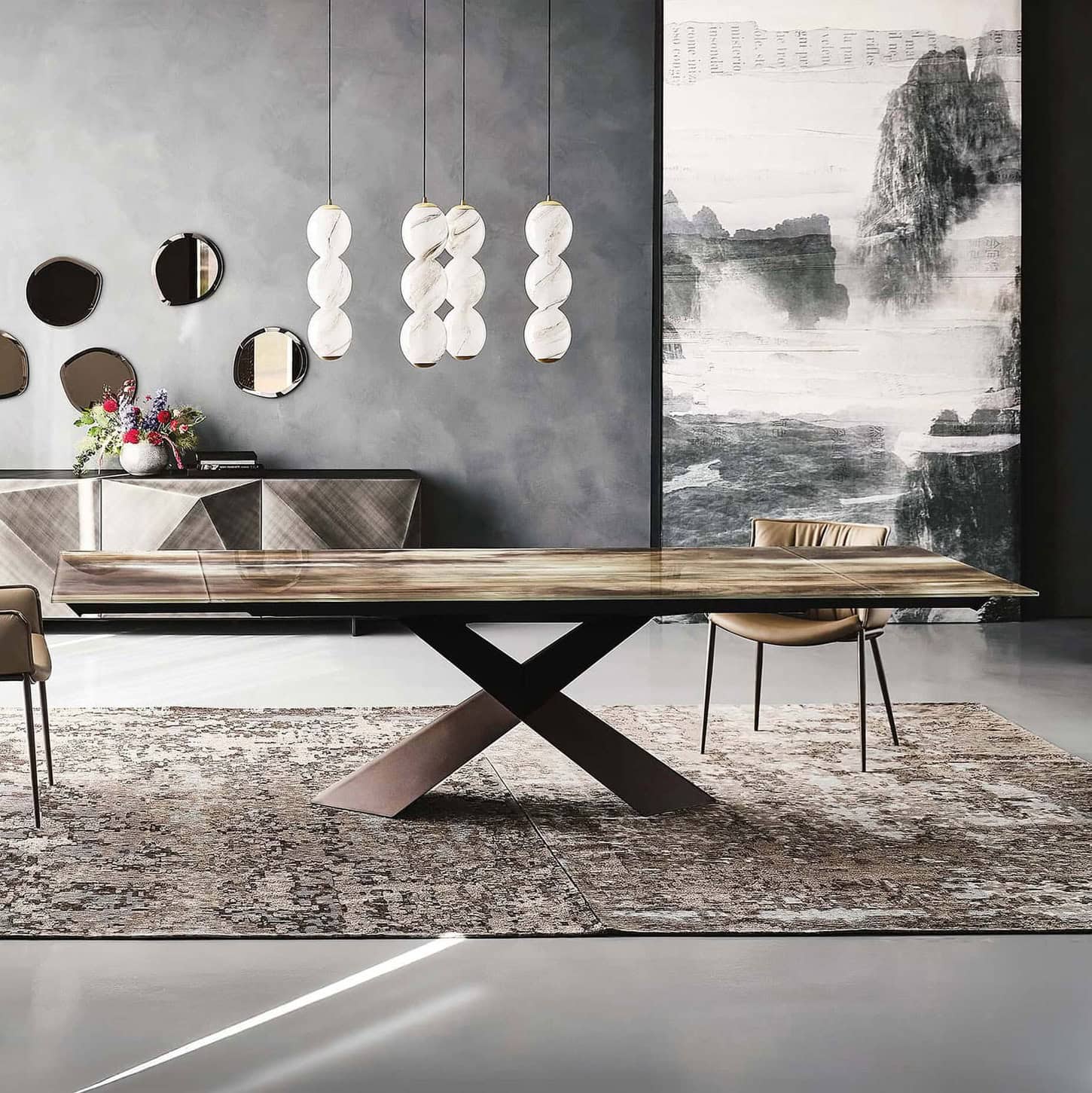 Stylish wooden dining table in a contemporary interior with modern decor and artistic wall art.