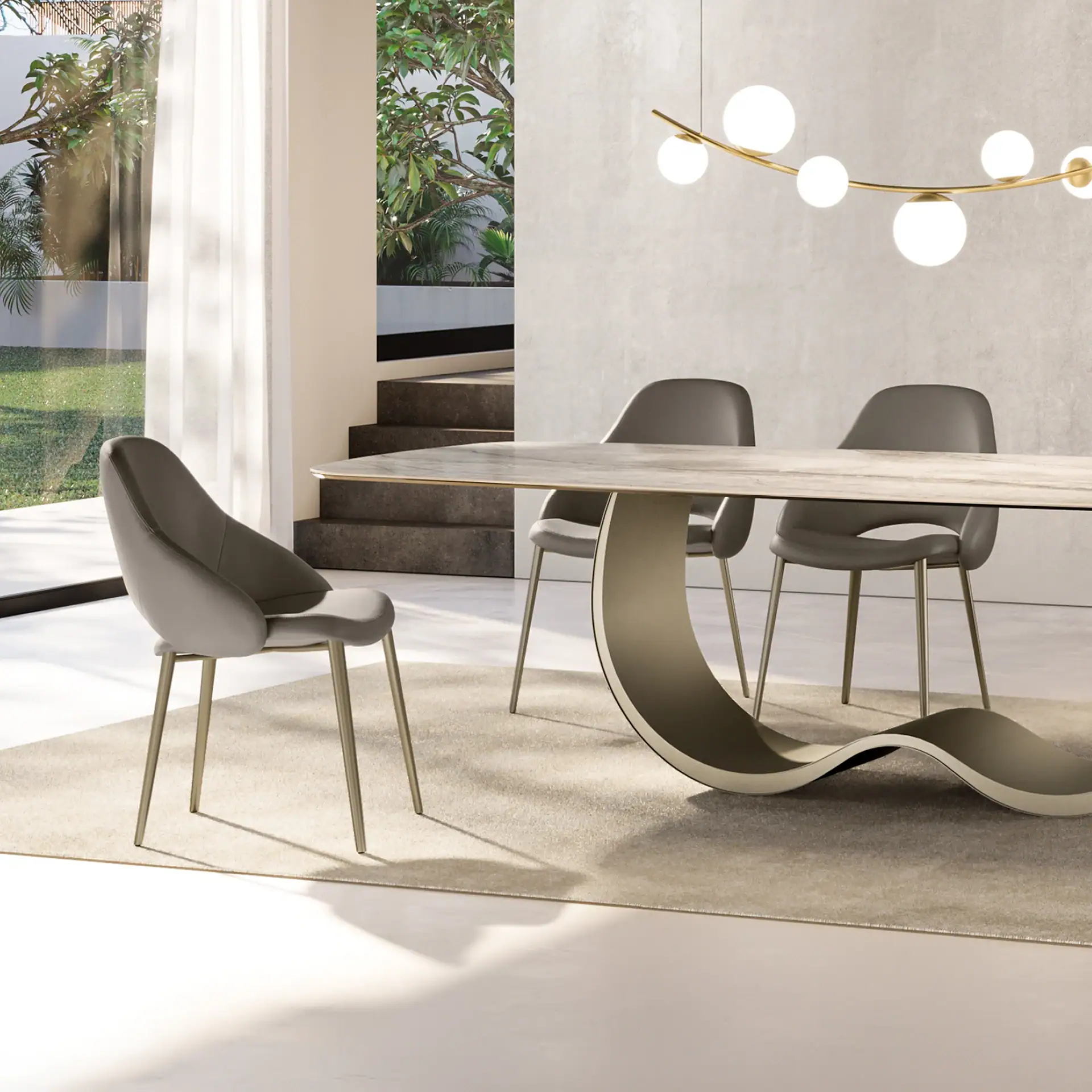 Silhouette dining chair in modern dining room with contemporary table and lighting.