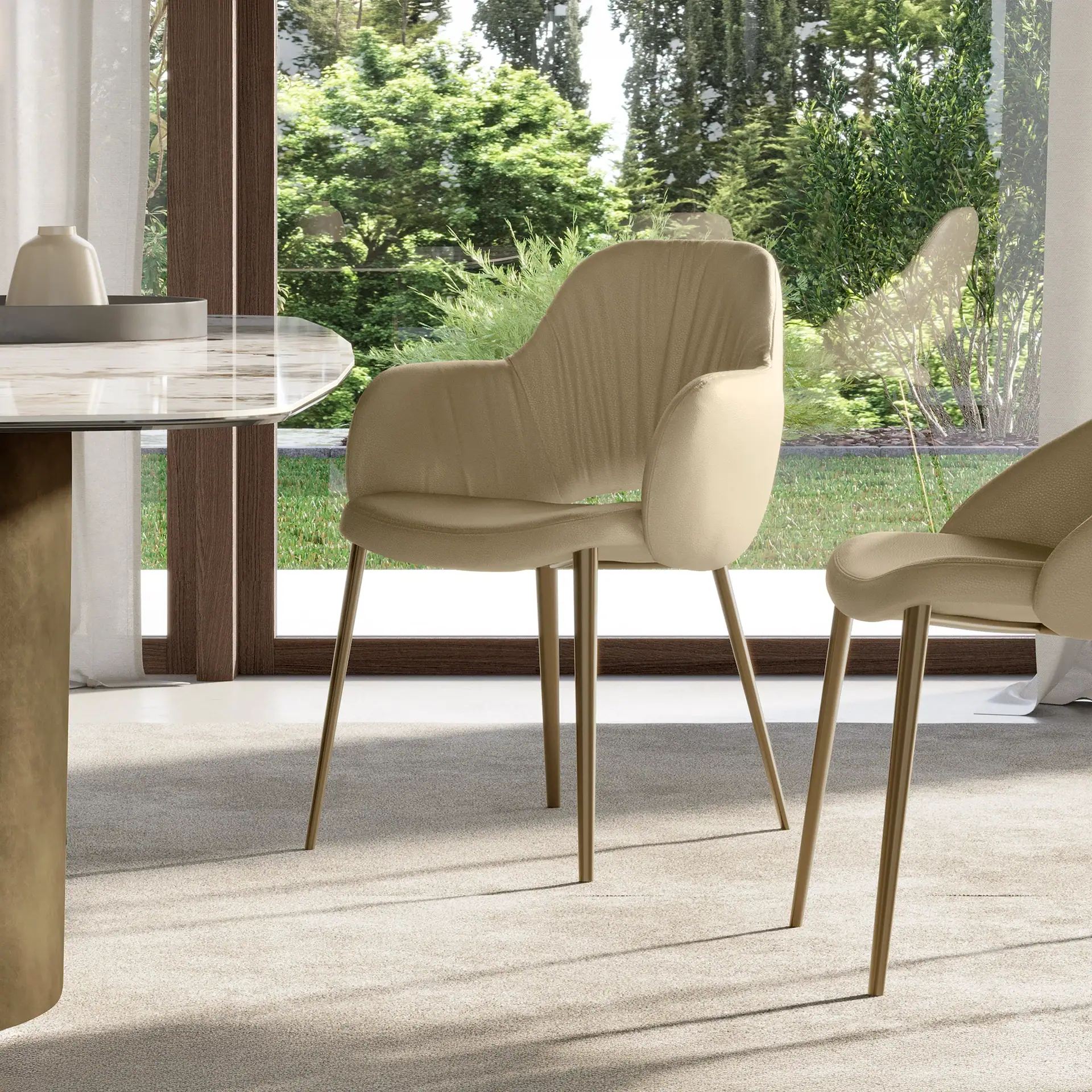 Silhouette Dining Chair with cream upholstery and wooden legs in a bright room.