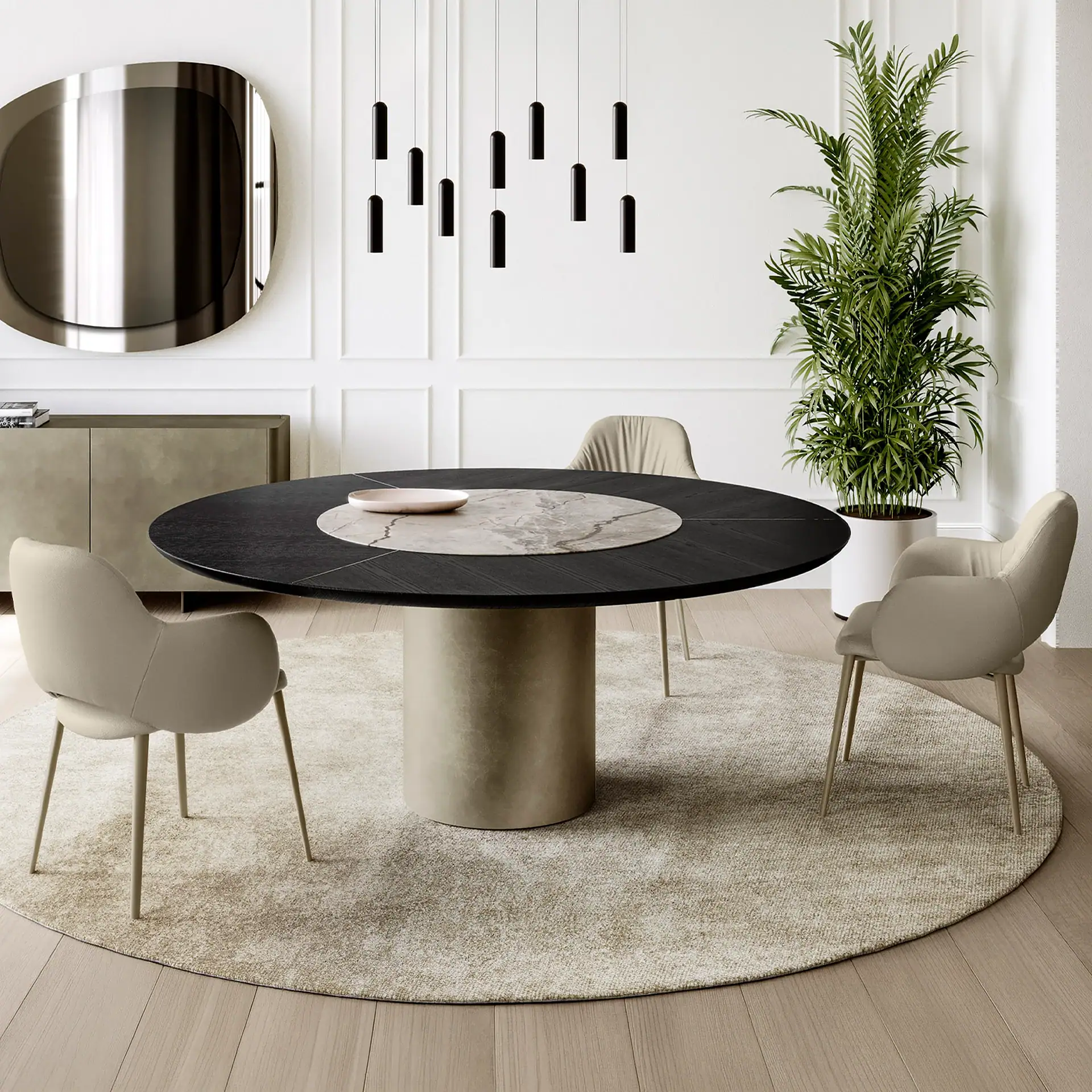 Four Silhouette Dining Chairs around a black and white round table in a modern dining room.