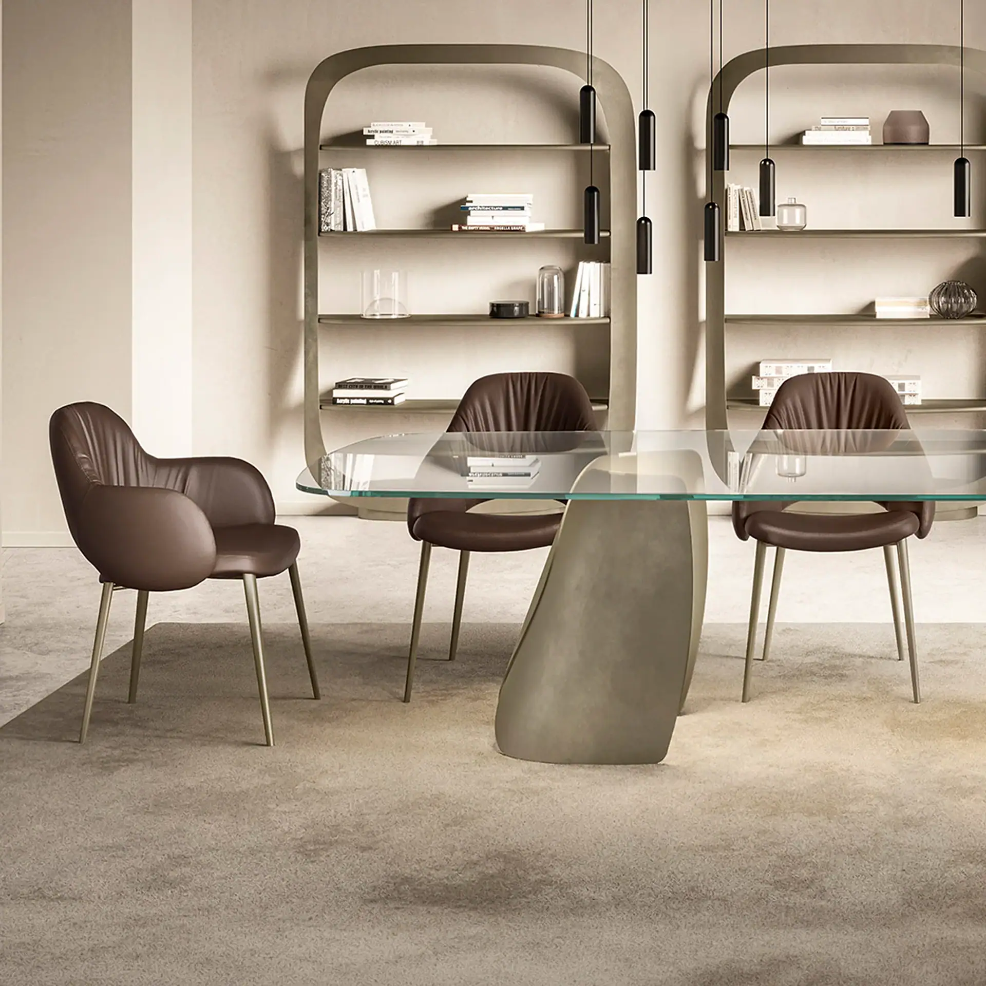 Silhouette Dining Chair set with glass table in modern room.