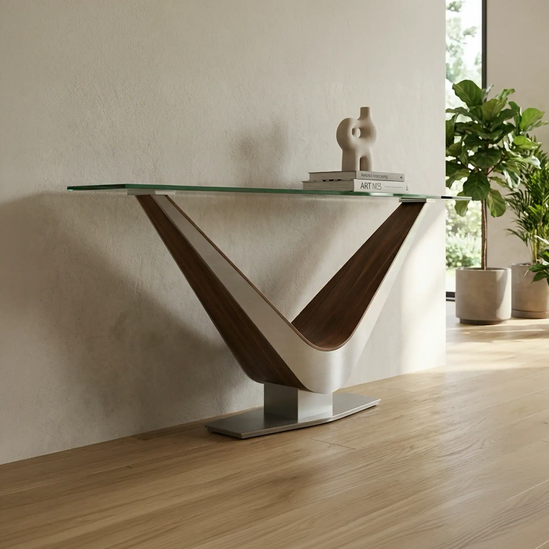 Modern console table with a sleek glass top and sculptural wooden base. Perfect for contemporary hom.