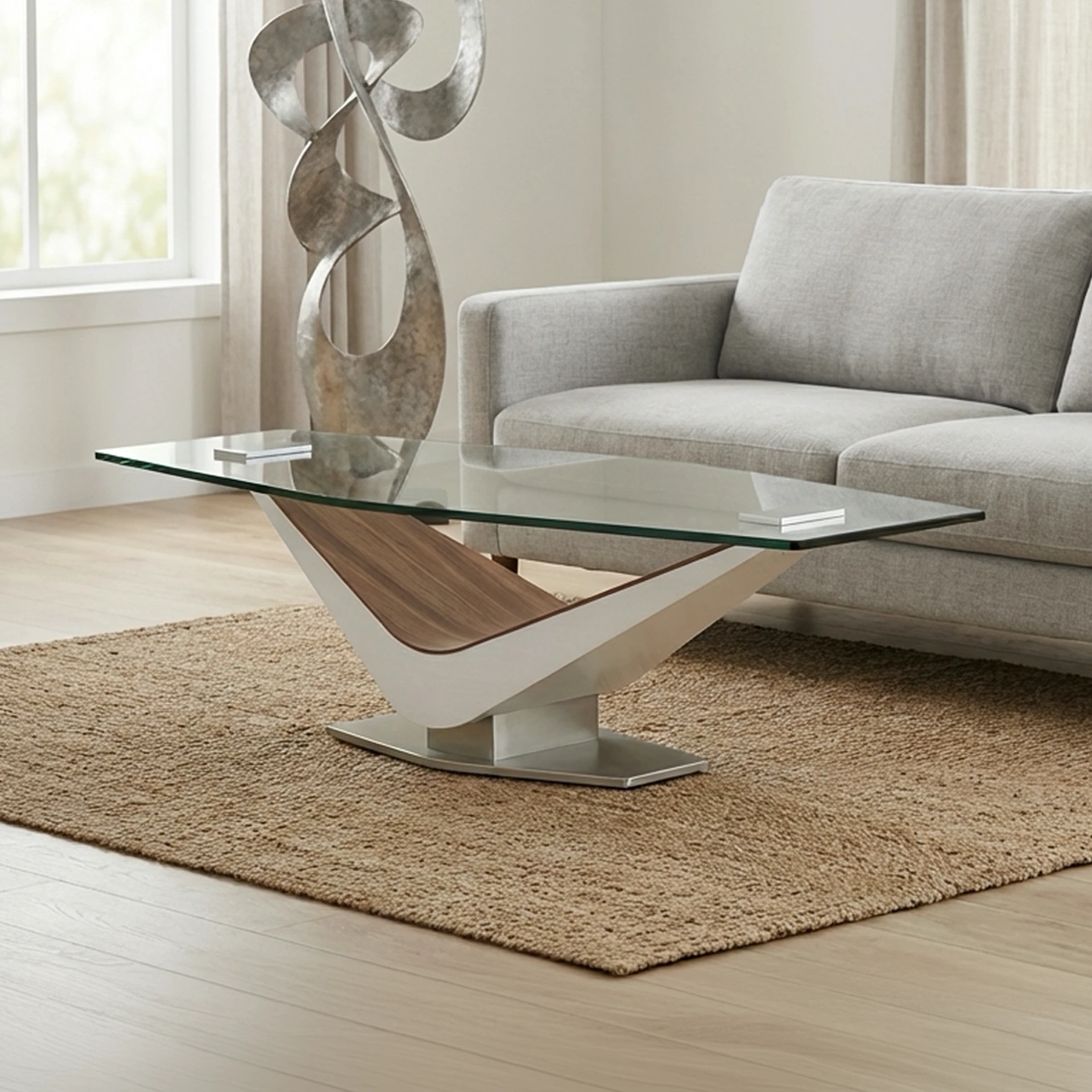Contemporary glass and wood coffee table in a stylish living room setting.