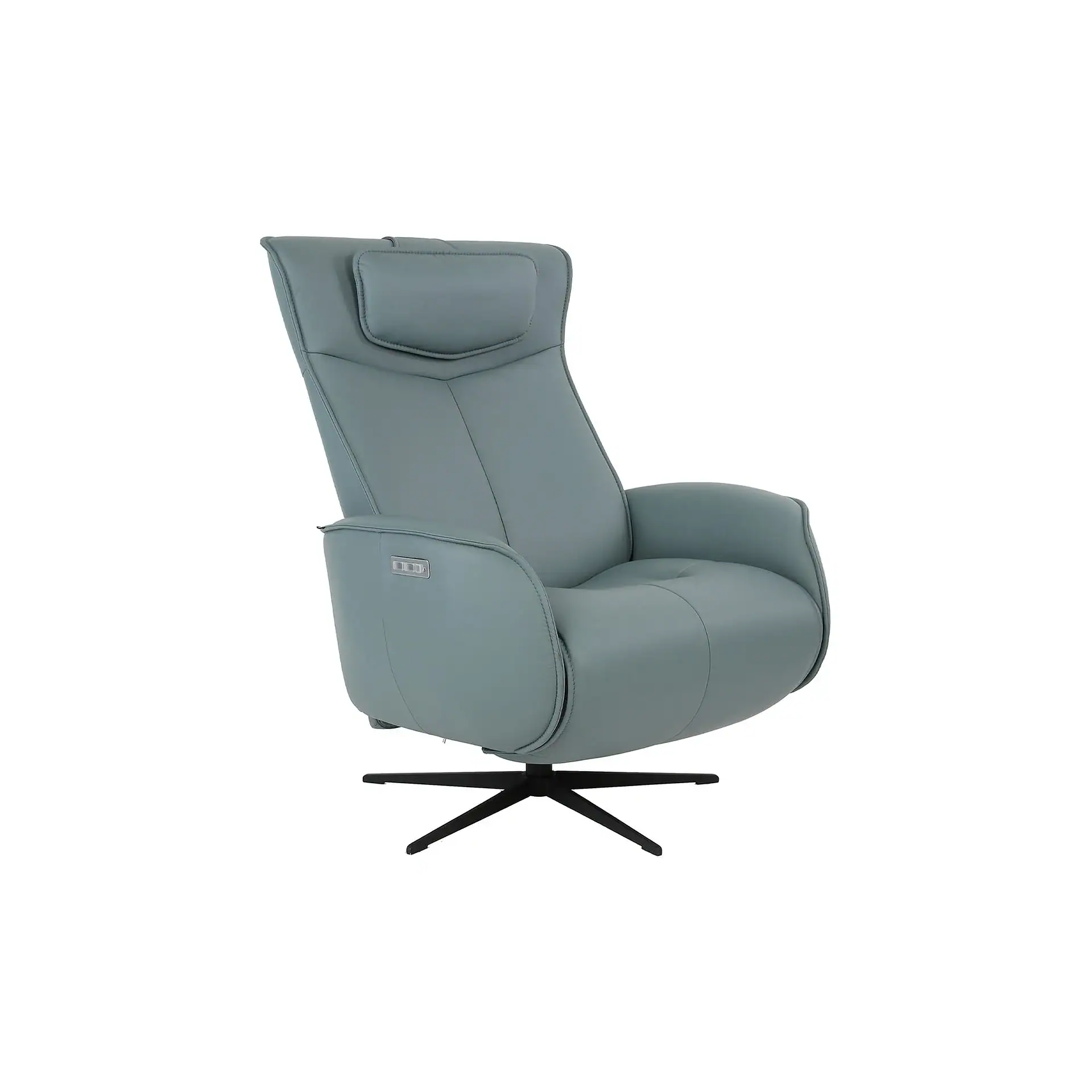 A light blue-grey modern recliner chair with a high back, padded armrests, electronic controls, and a black four-pronged star base, on a white background.