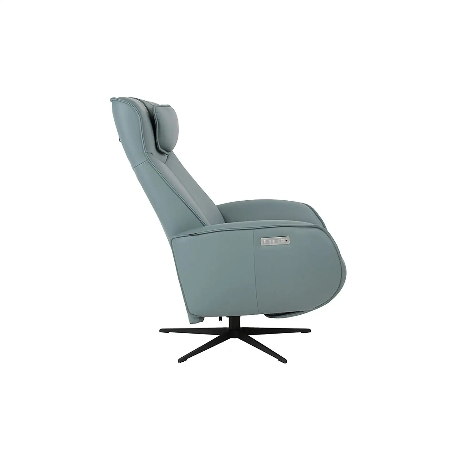 Side view of a light blue-green recliner chair with a black star-shaped base, shown in a reclined position.