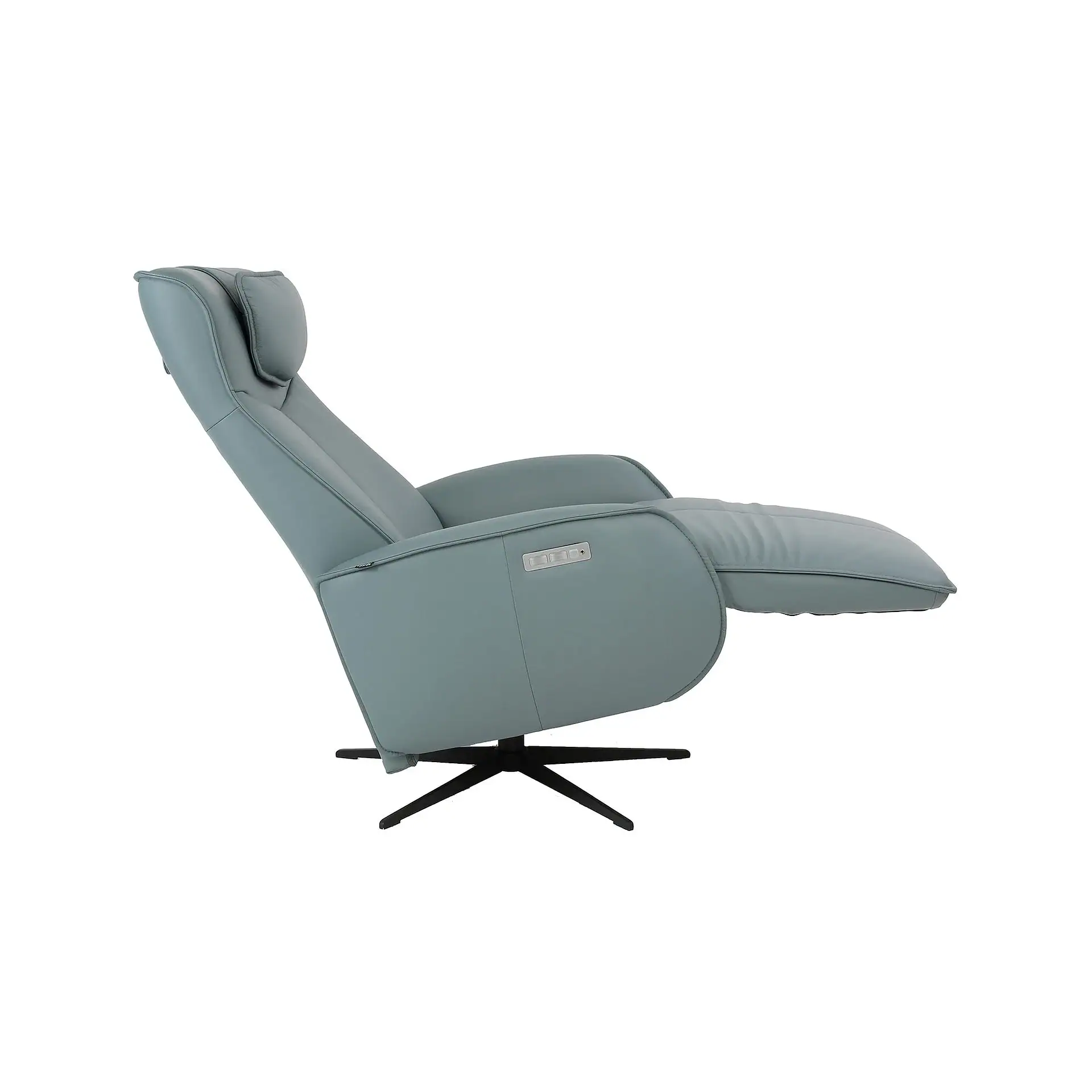 A light blue recliner chair in a fully reclined position with an extended footrest, supported by a black star-shaped swivel base, on a white background.