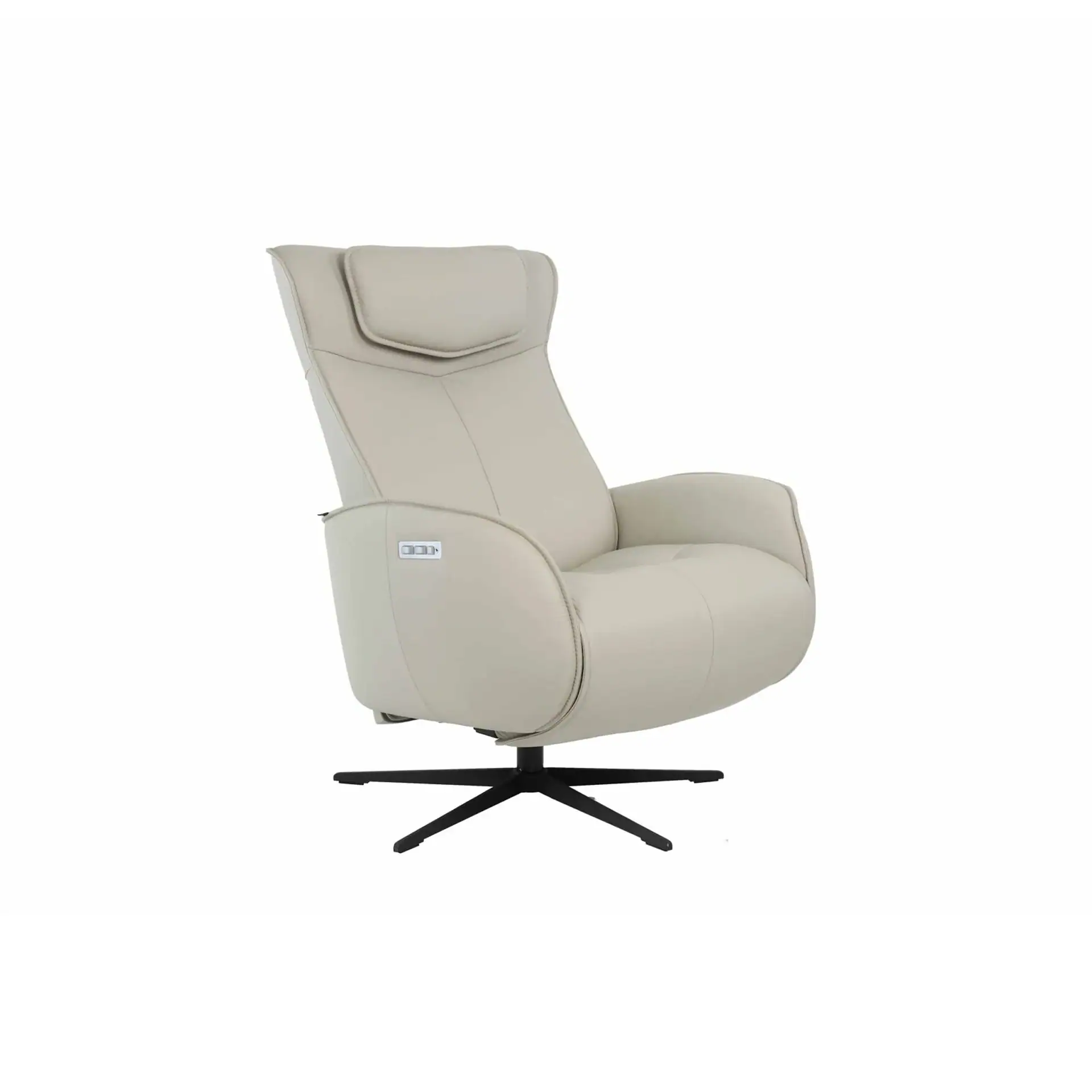 A light beige modern recliner chair with a high back, padded armrests, and a black five-pronged swivel base, shown against a white background.