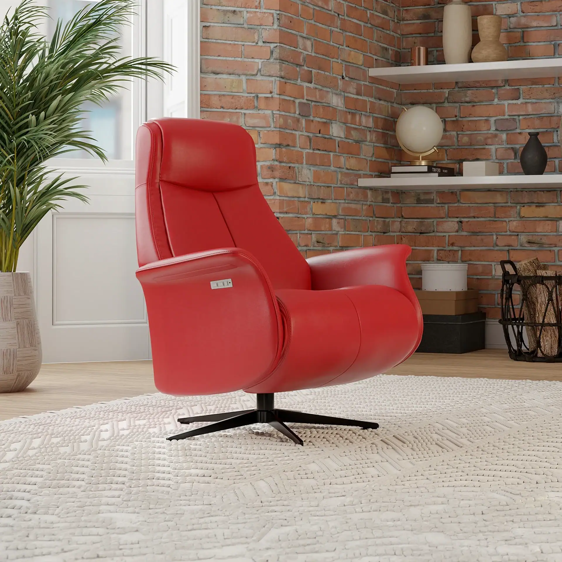 A red leather recliner chair in a modern living room with an exposed brick wall, white shelves, and a large potted plant.